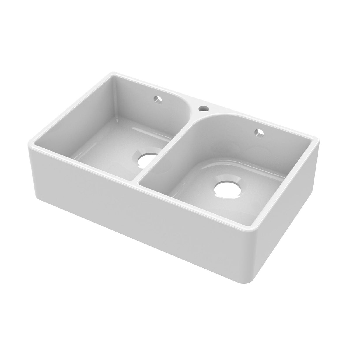Nuie 795mm x 500mm x 220mm Fireclay 1 Tap Hole Double Bowl Butler Sink With Full Weir And Overflow