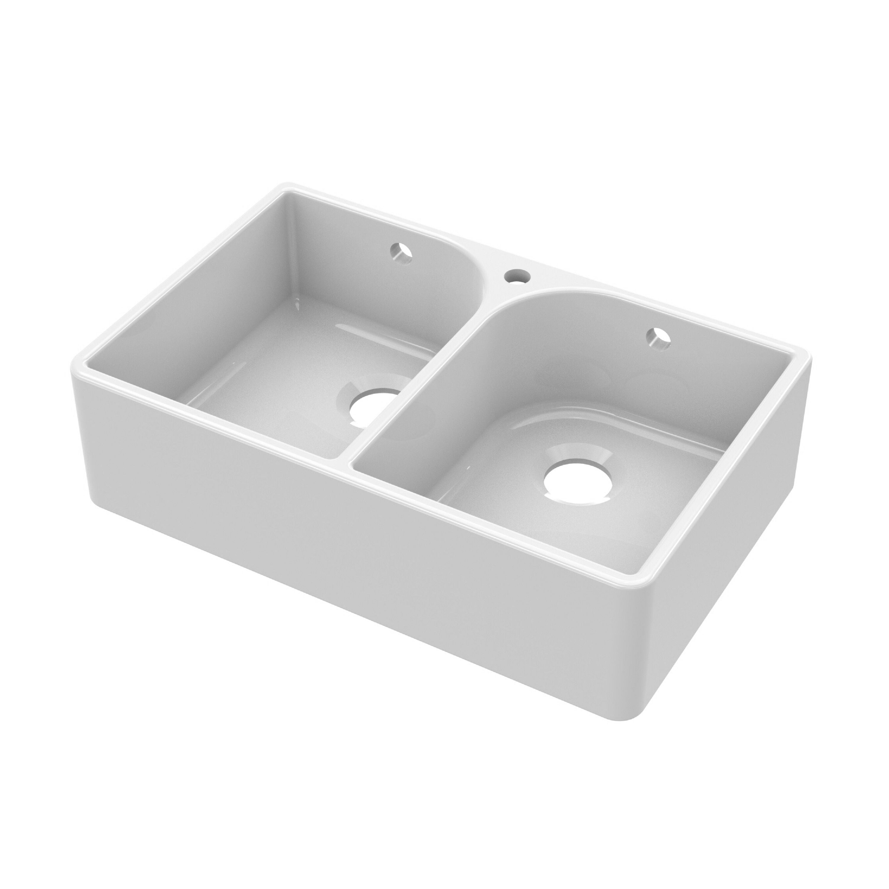 nuie 795mm x 500mm x 220mm Fireclay White 1 Tap Hole Double Bowl Butler Sink With Full Weir And Overflow