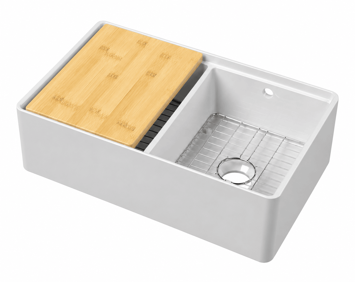 Nuie 795mm x 460mm x 220mm Fireclay Double Bowl Butler Sink With Ledge, Wire Grid And Bamboo Chopping Board