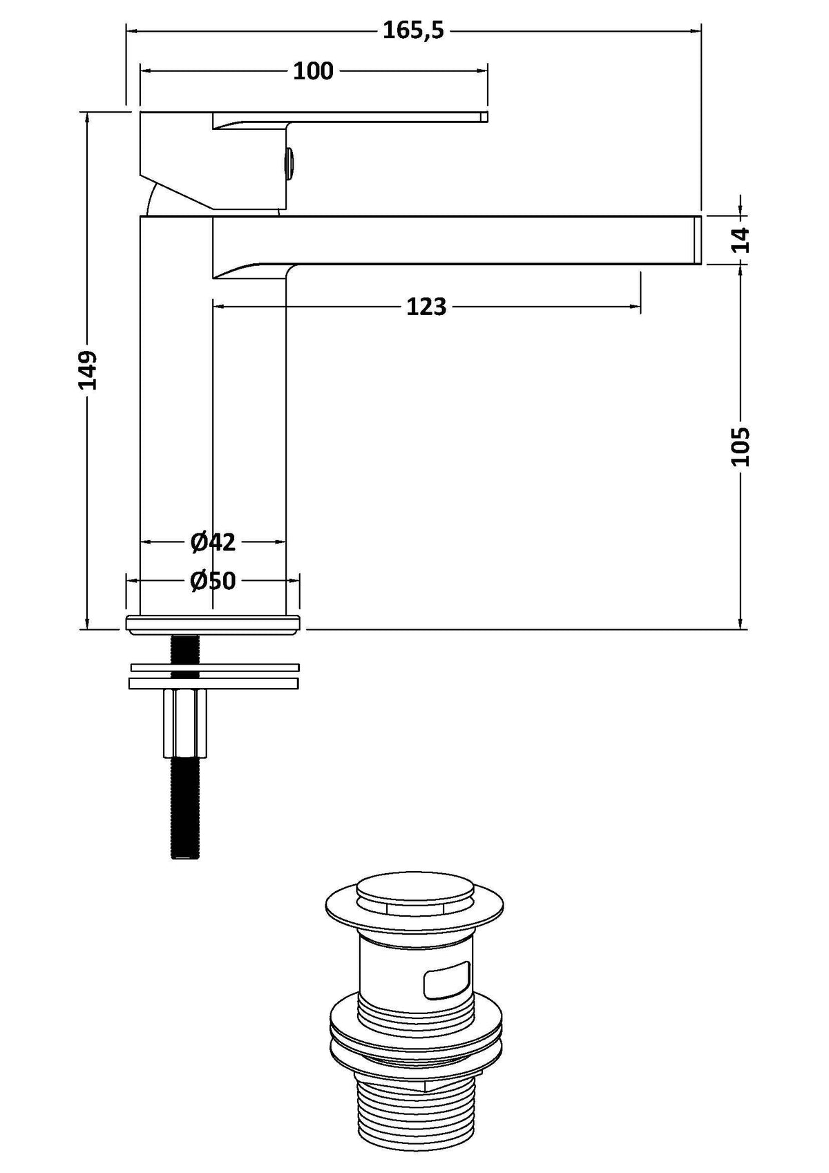 nuie choice Canada Chrome Mono Basin Mixer Push Button Waste - Technical drawing