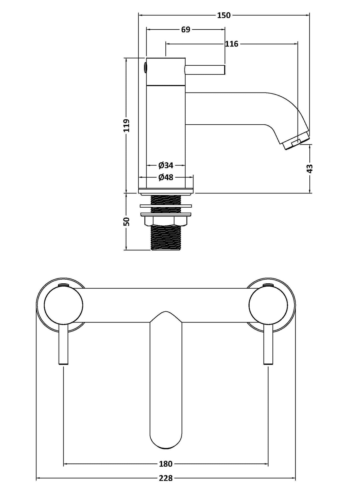 nuie choice Cartegena Brushed Brass Bath Filler - Technical drawing