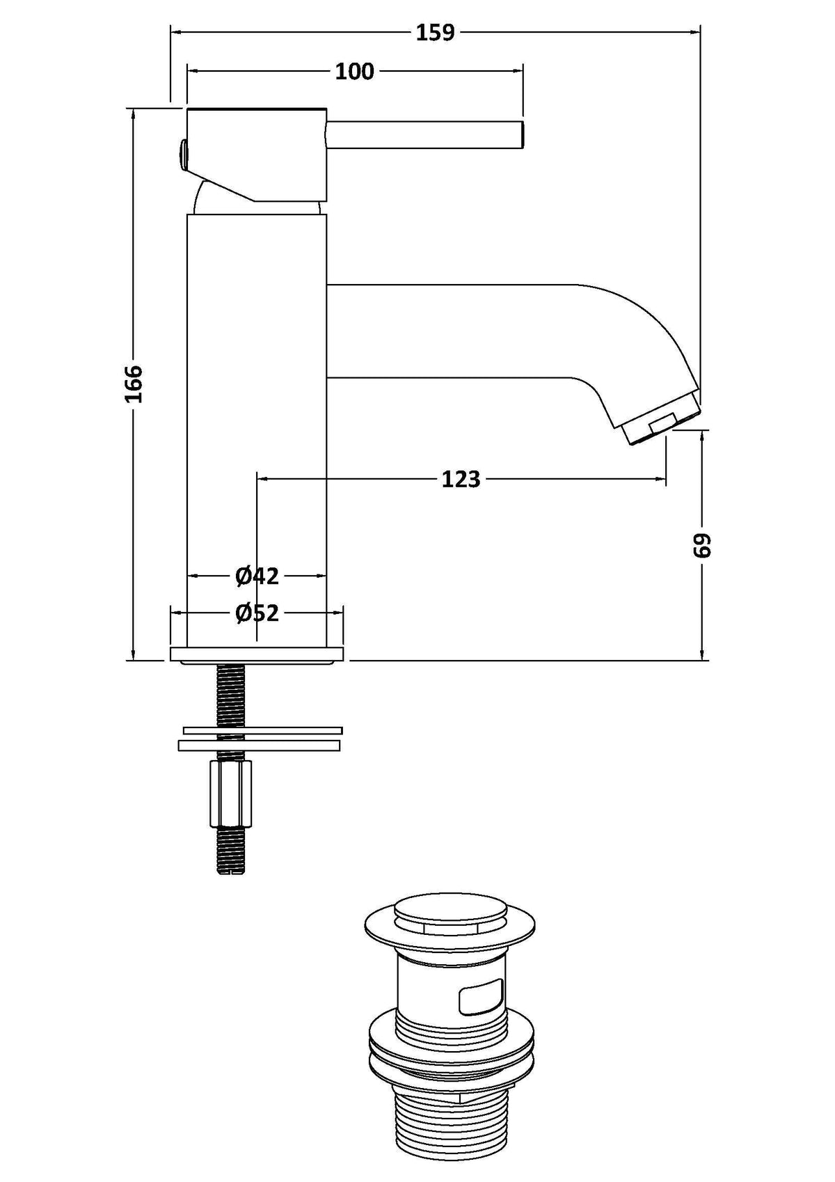 nuie choice Cartegena Brushed Brass Mono Basin Mixer With Push Button Waste - Technical drawing