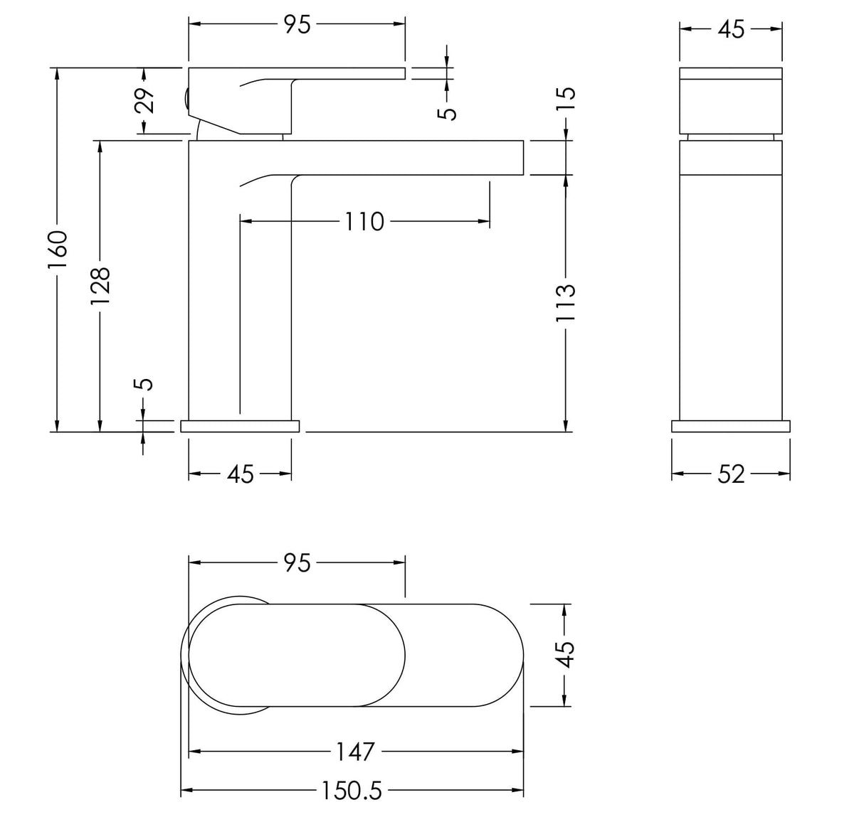 BC Designs Chelmsford Chrome Mono Basin Mixer With Waste - Technical drawing