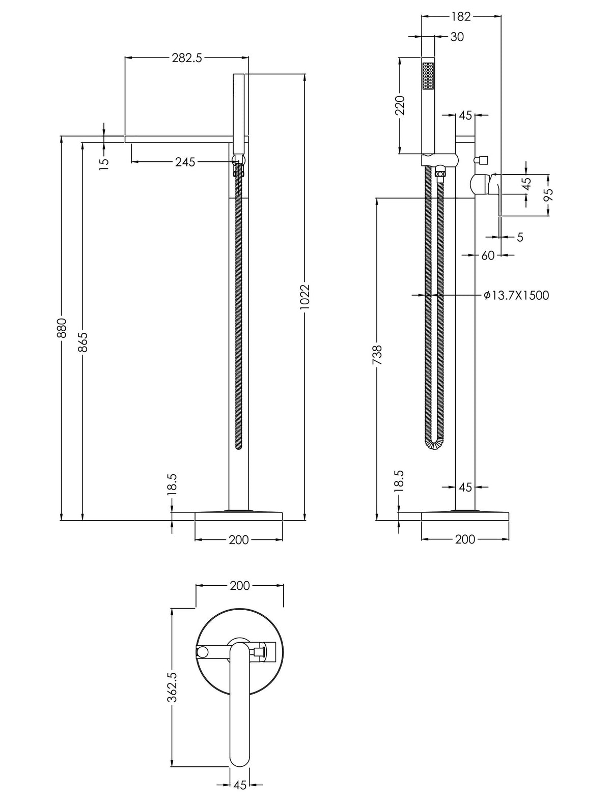 BC Designs Chelmsford Chrome Freestanding Bath Shower Mixer - Technical drawing