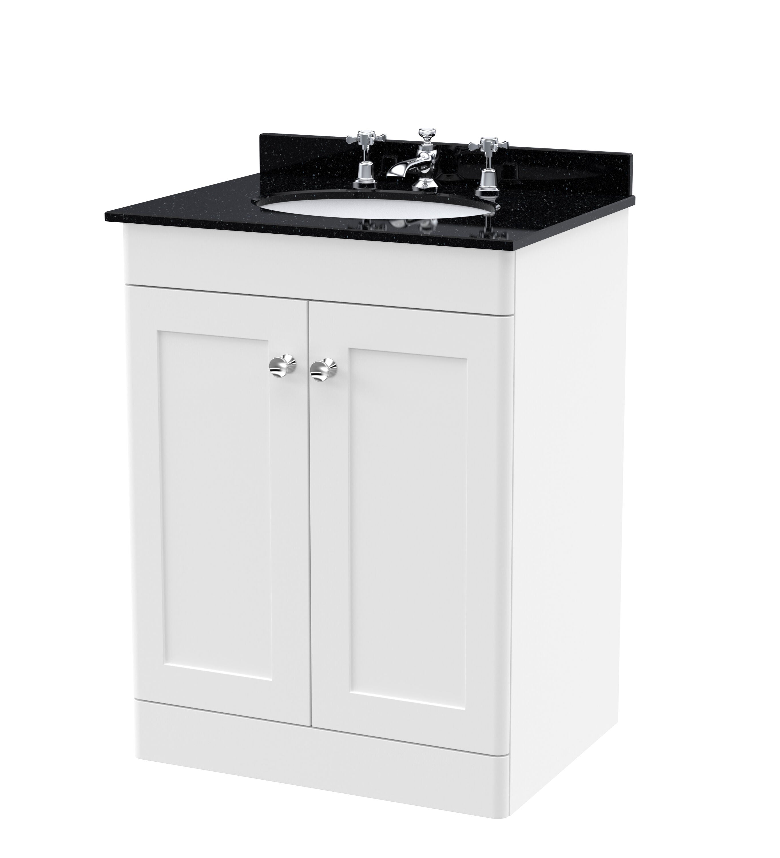 nuie Classique 600mm Satin White 2 Door Floor Standing Vanity Unit With 3 Tap Hole Marble Basin