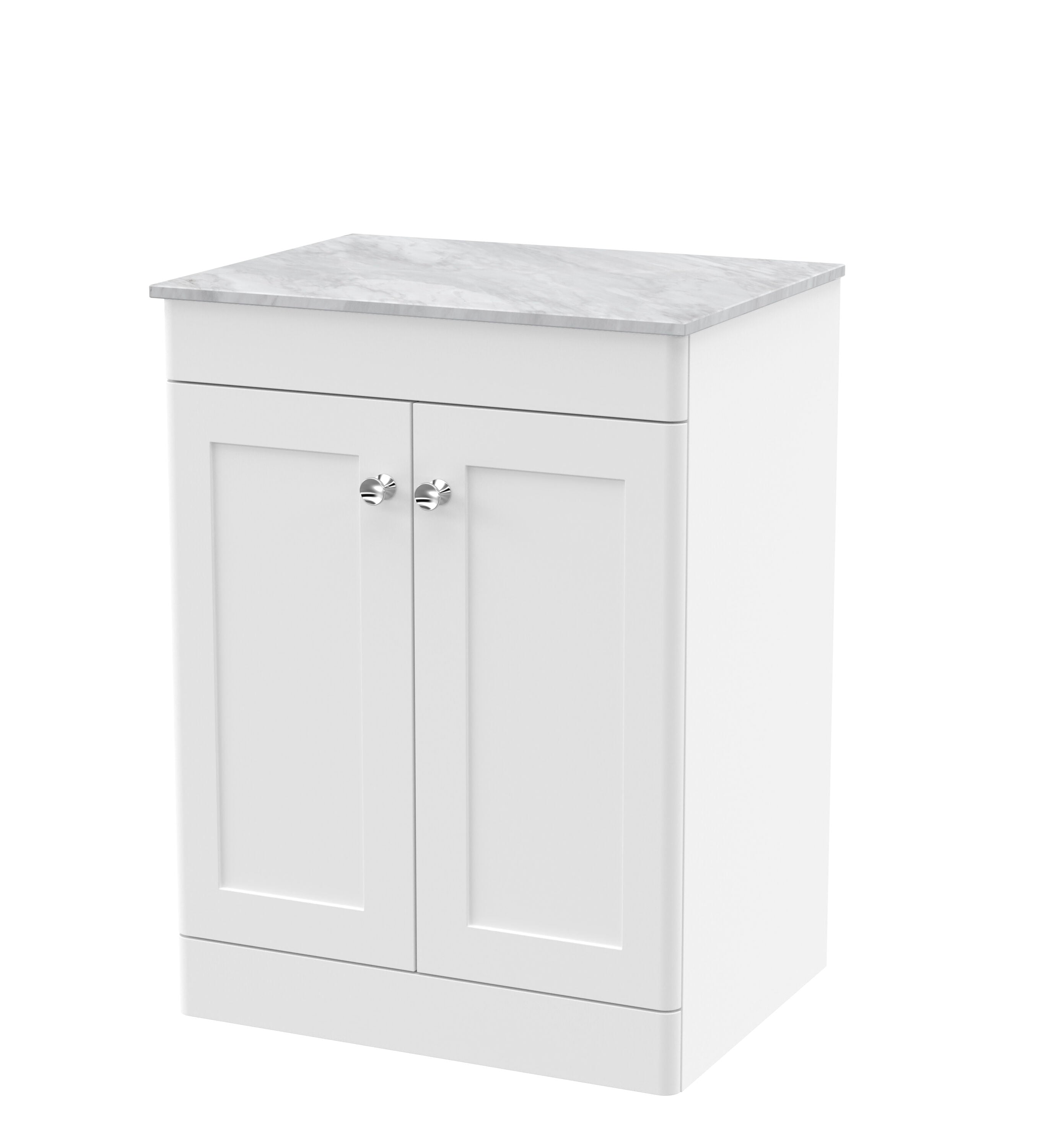 nuie Classique 610mm Satin White 2 Door Floor Standing Vanity Unit With Grey Marble Worktop