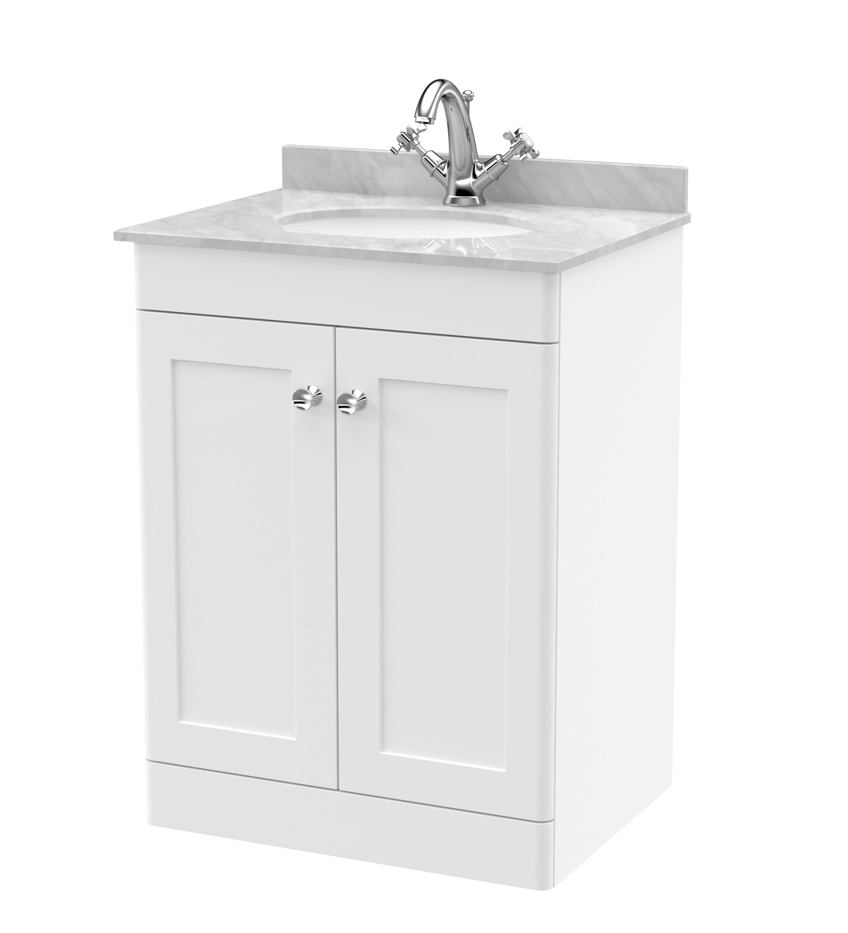 nuie Classique 600mm Satin White 2 Door Floor Standing Vanity Unit With 1 Tap Hole Marble Basin