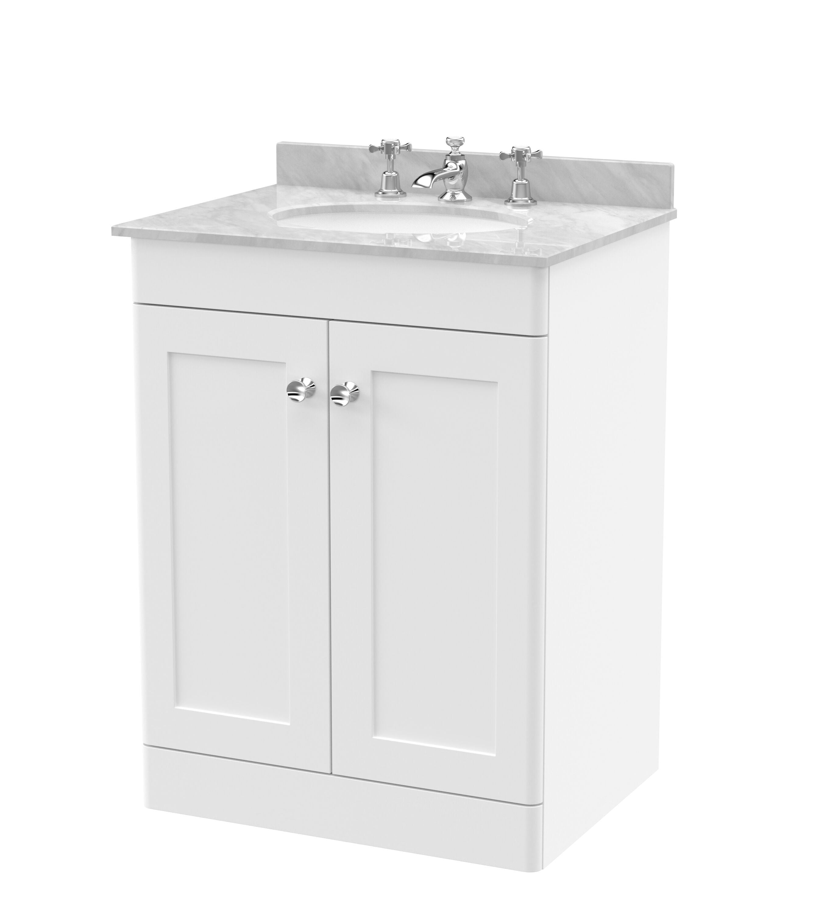 nuie Classique 600mm Satin White 2 Door Floor Standing Vanity Unit With 3 Tap Hole Marble Basin