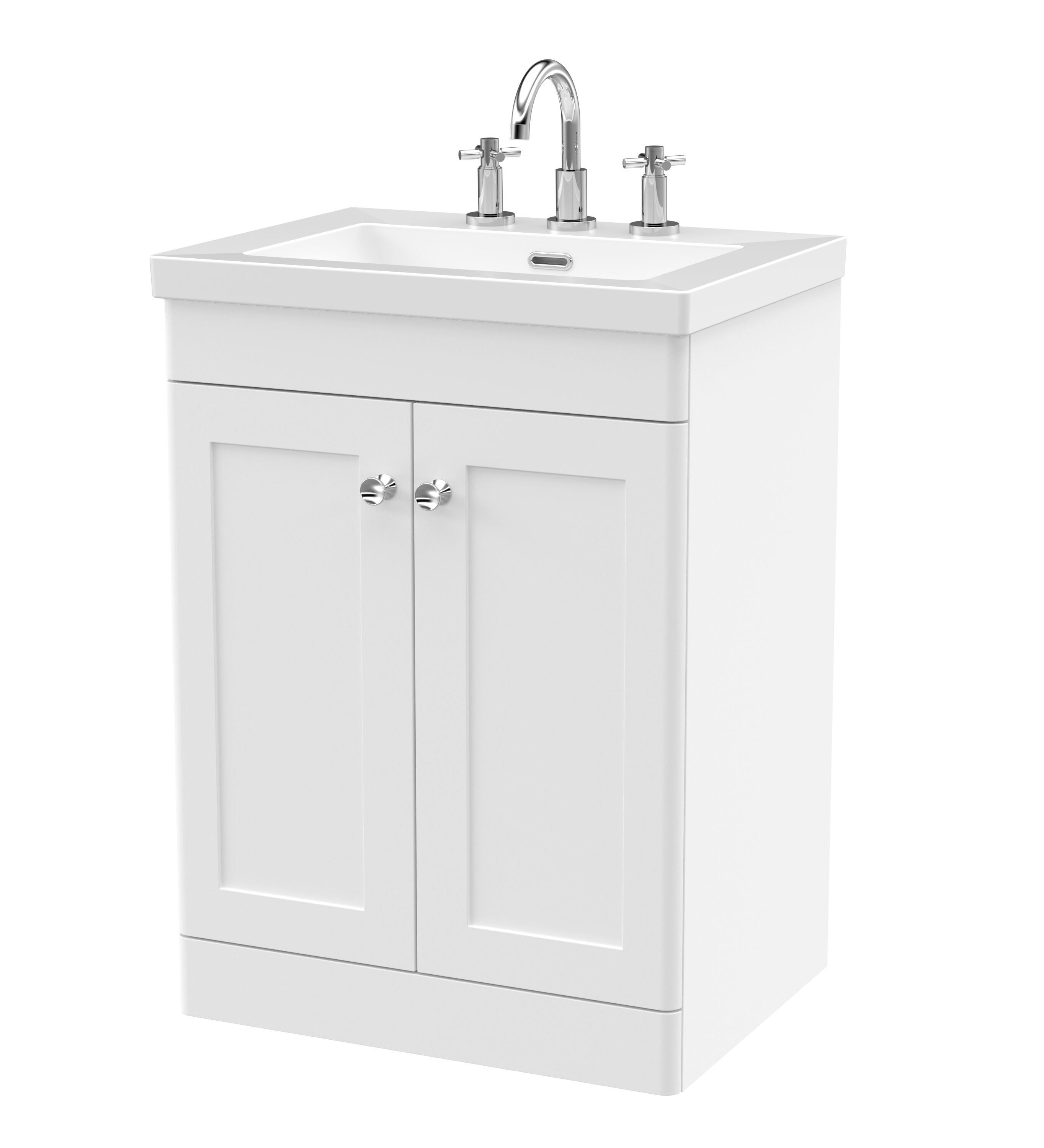 nuie Classique 600mm Satin White 2 Door Floor Standing Vanity Unit With 3 Tap Hole Fireclay Basin