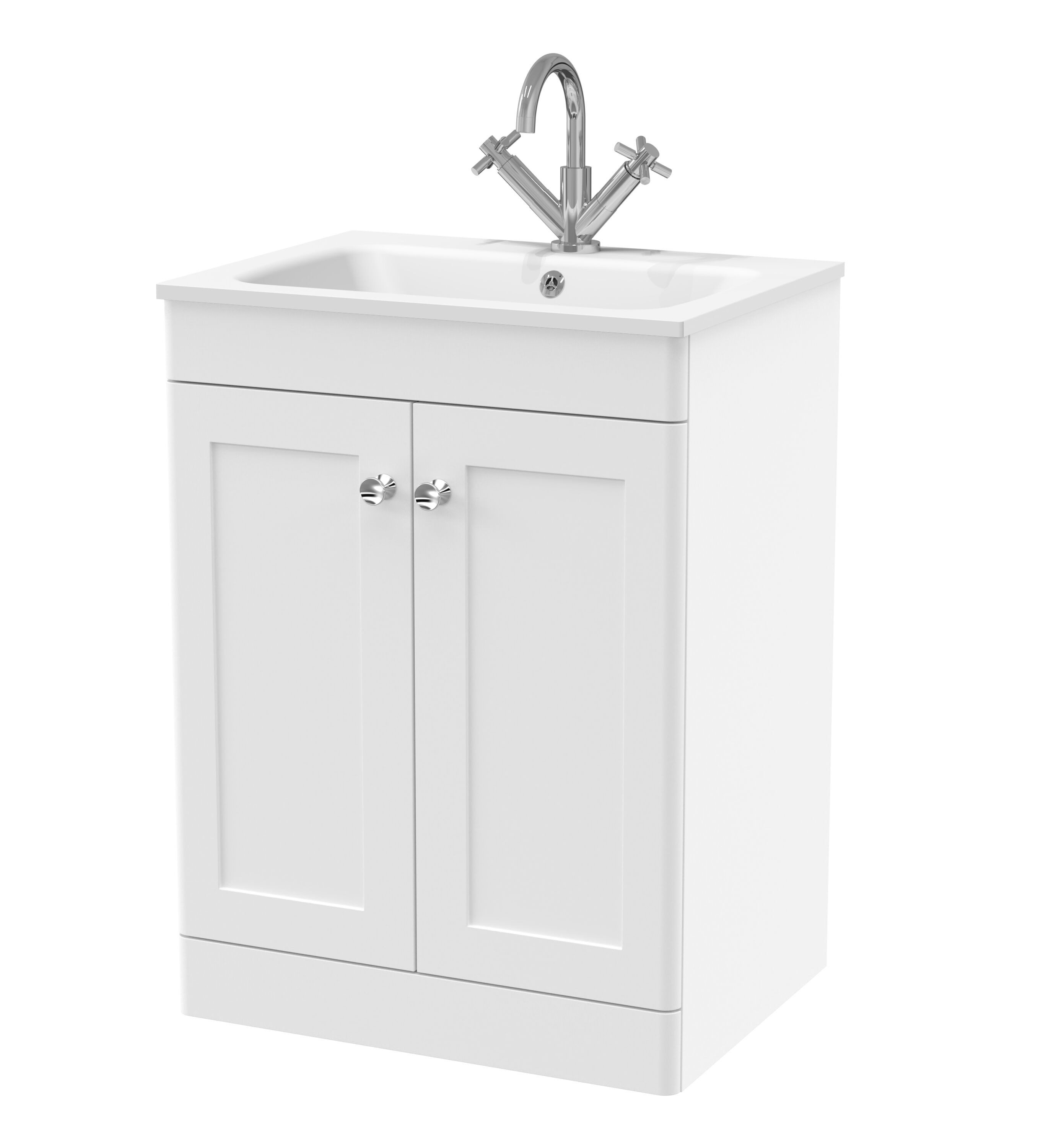nuie Classique 600mm Satin White 2 Door Floor Standing Vanity Unit With 1 Tap Hole Stone Basin