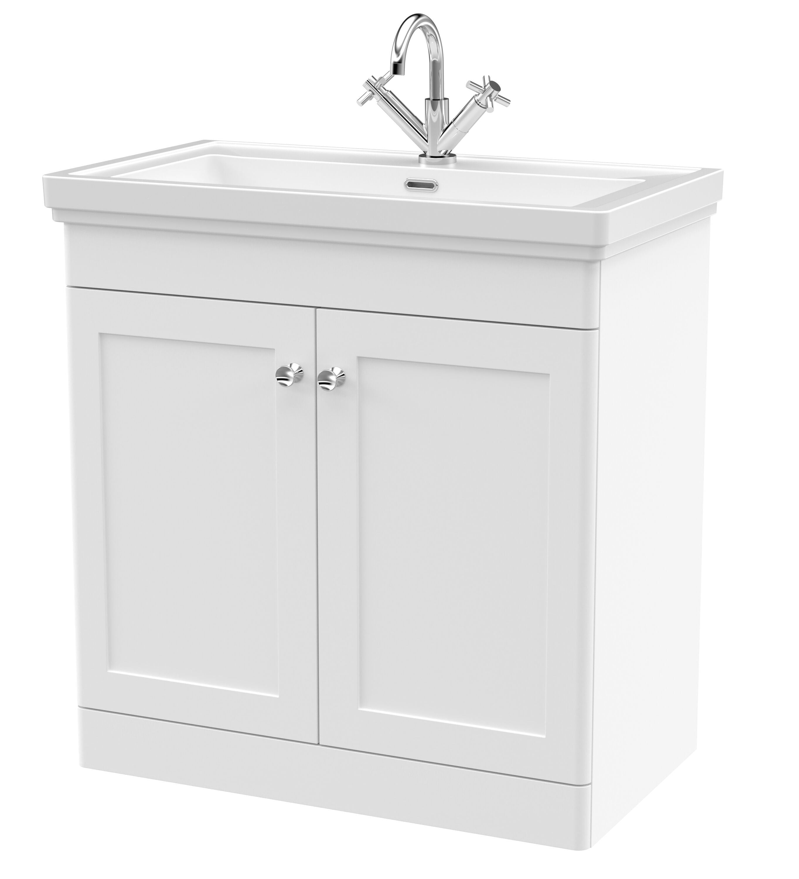 nuie Classique 800mm Satin White 2 Door Floor Standing Vanity Unit With 1 Tap Hole Basin With Ceramic Basin