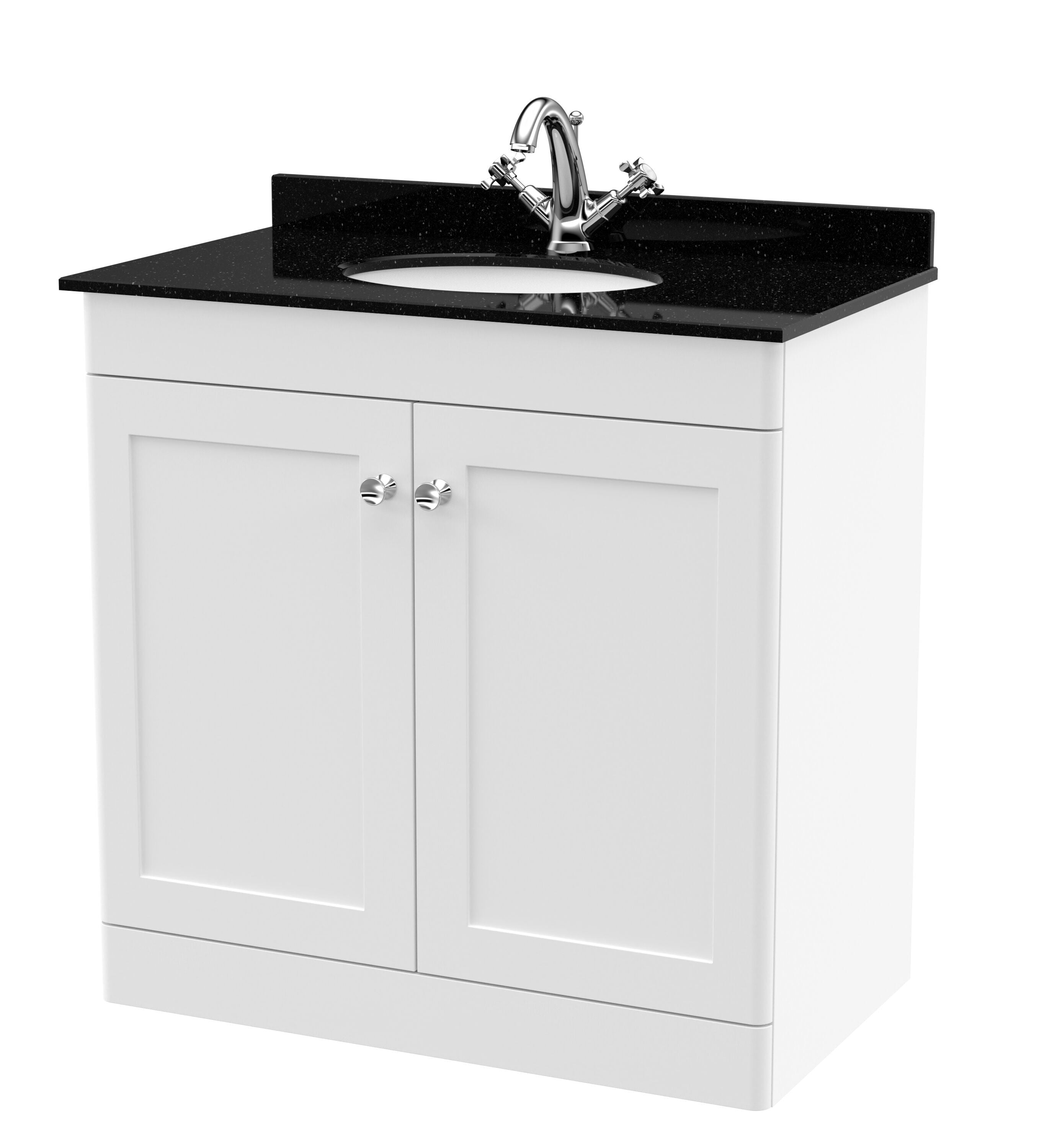 nuie Classique 800mm Satin White 2 Door Floor Standing Vanity Unit With 1 Tap Hole Marble Basin