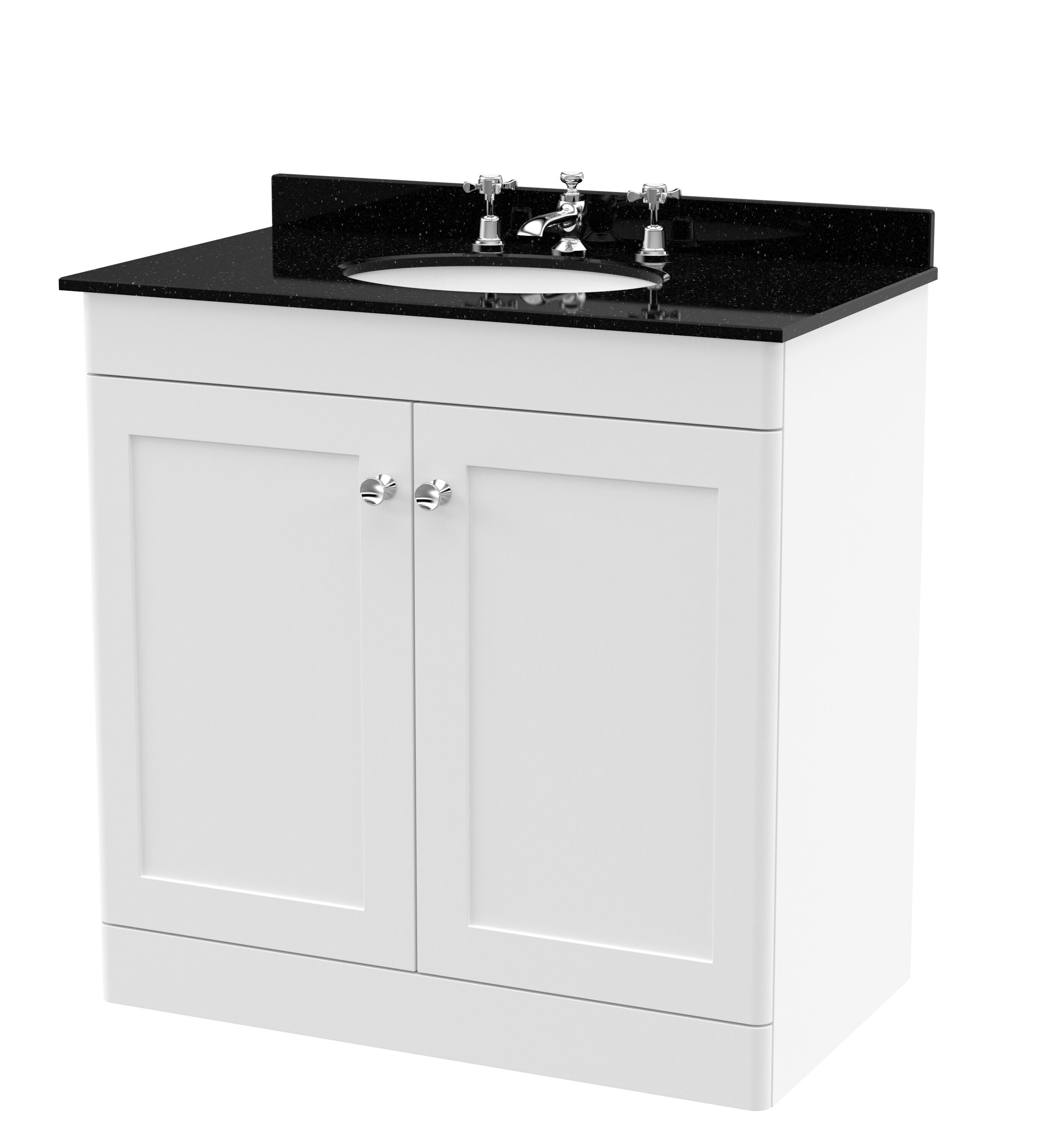nuie Classique 800mm Satin White 2 Door Floor Standing Vanity Unit With 3 Tap Hole Marble Basin