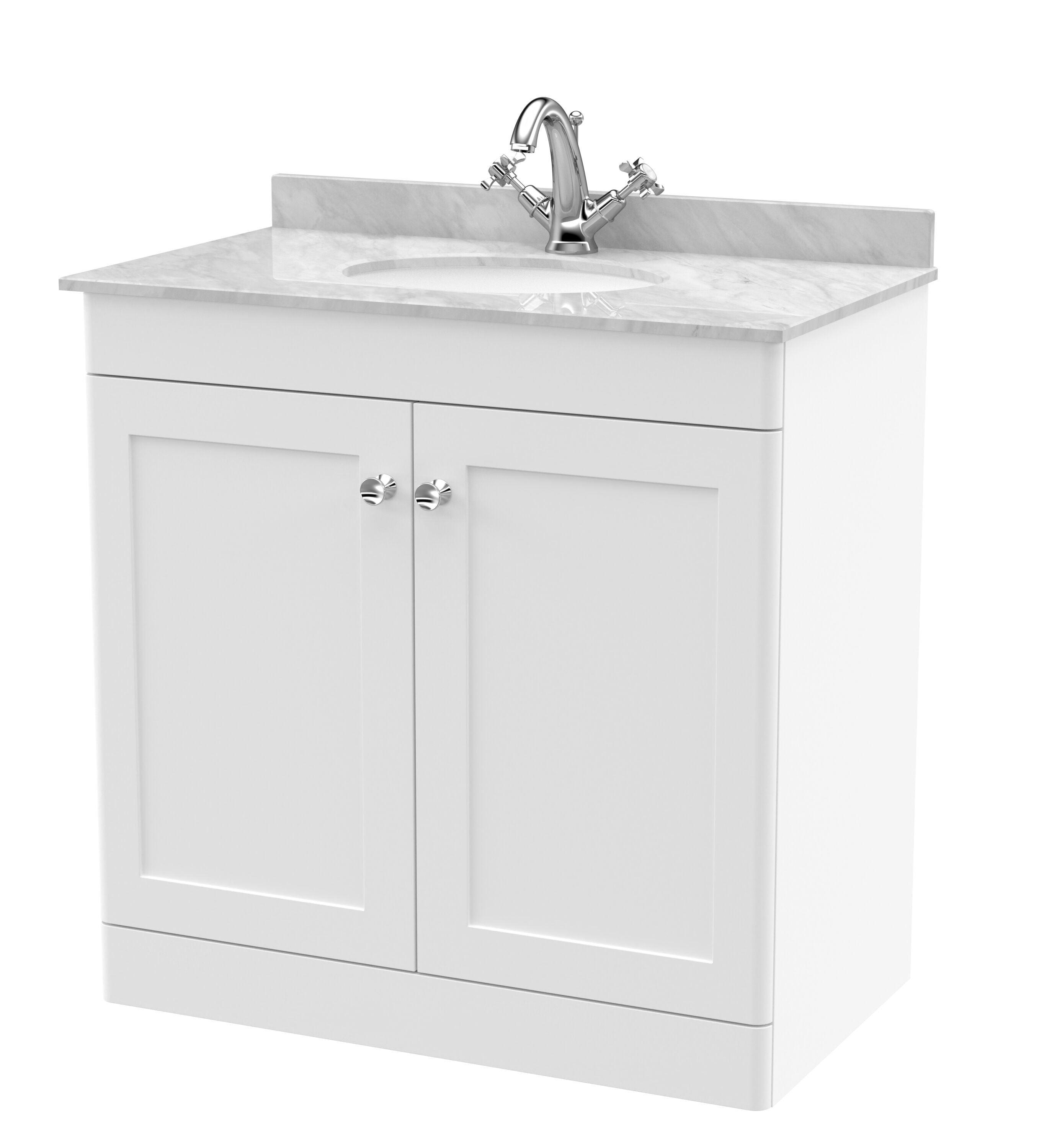nuie Classique 800mm Satin White 2 Door Floor Standing Vanity Unit With 1 Tap Hole Marble Basin