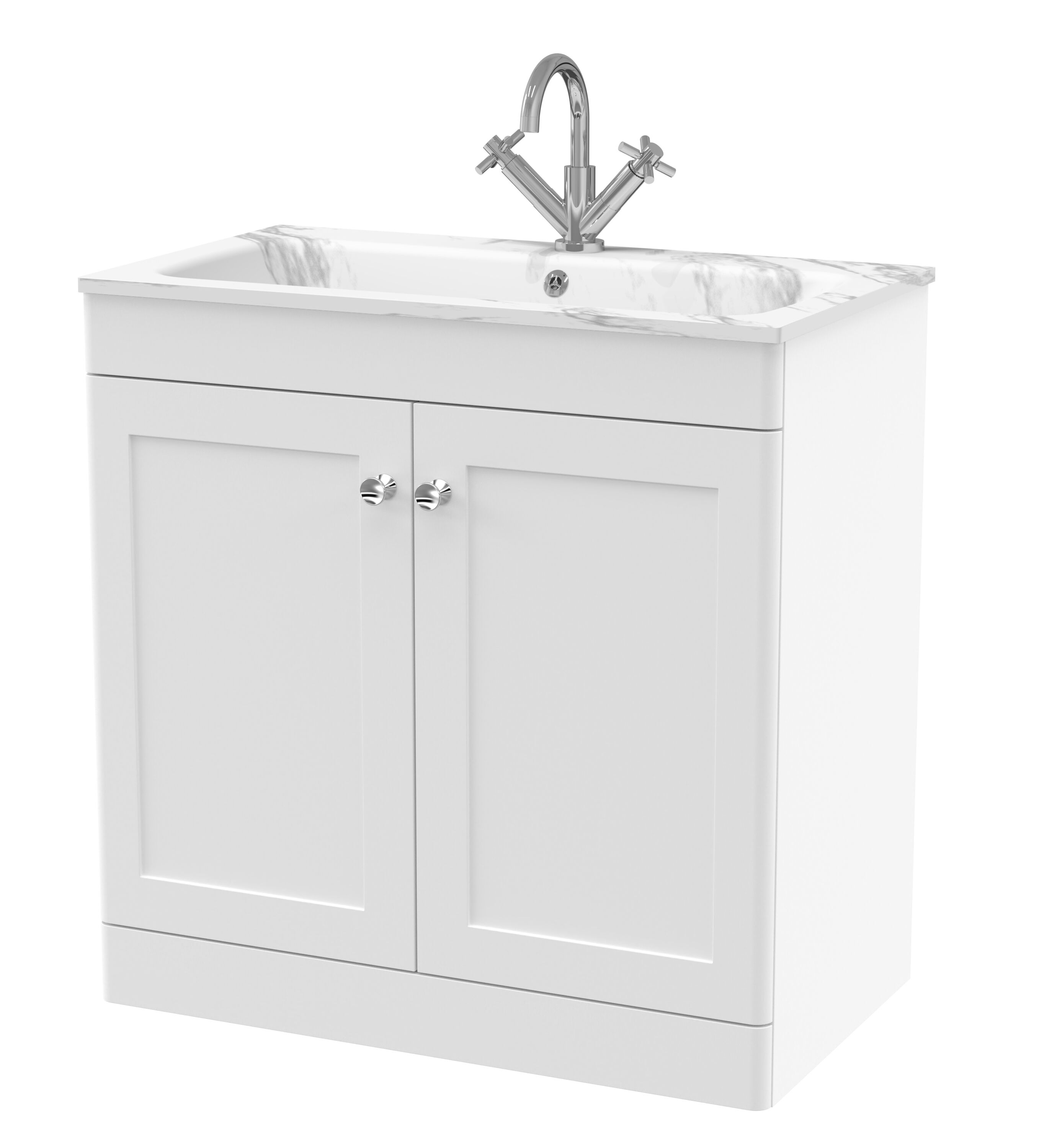 nuie Classique 800mm Satin White 2 Door Floor Standing Vanity Unit With 1 Tap Hole Stone Basin