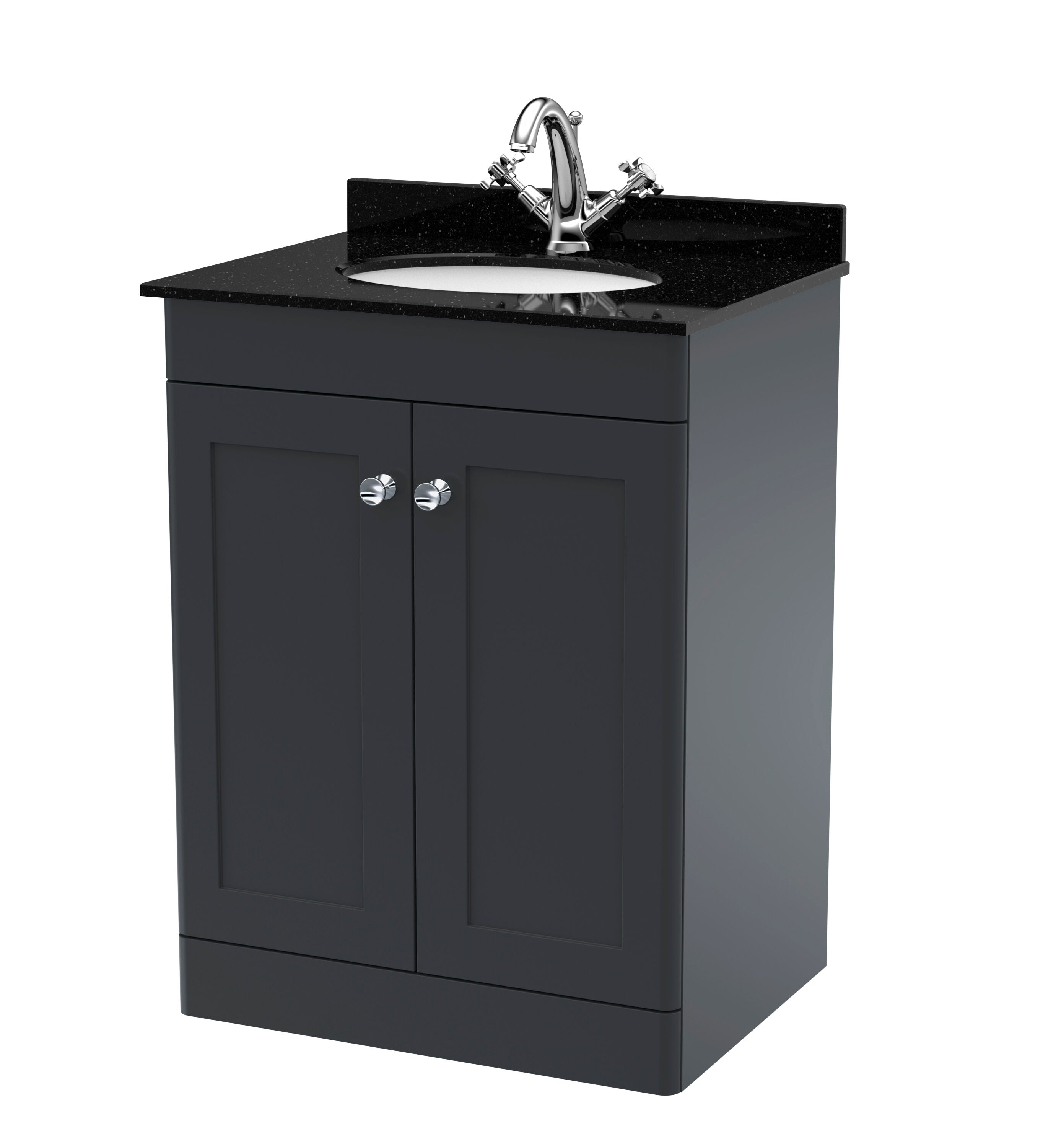 nuie Classique 600mm Soft Black 2 Door Floor Standing Vanity Unit With 1 Tap Hole Marble Basin