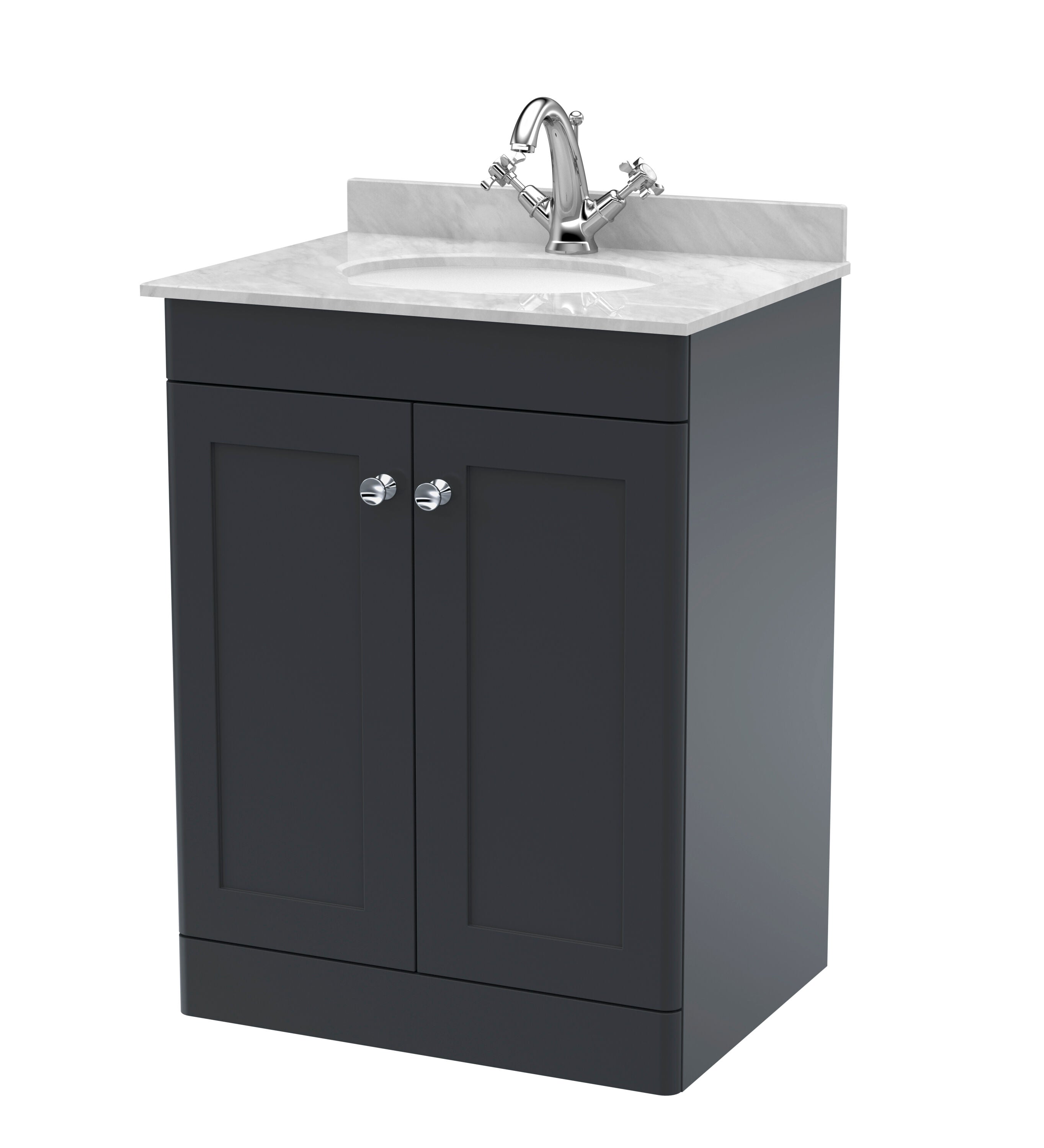 nuie Classique 600mm Soft Black 2 Door Floor Standing Vanity Unit With 1 Tap Hole Marble Basin