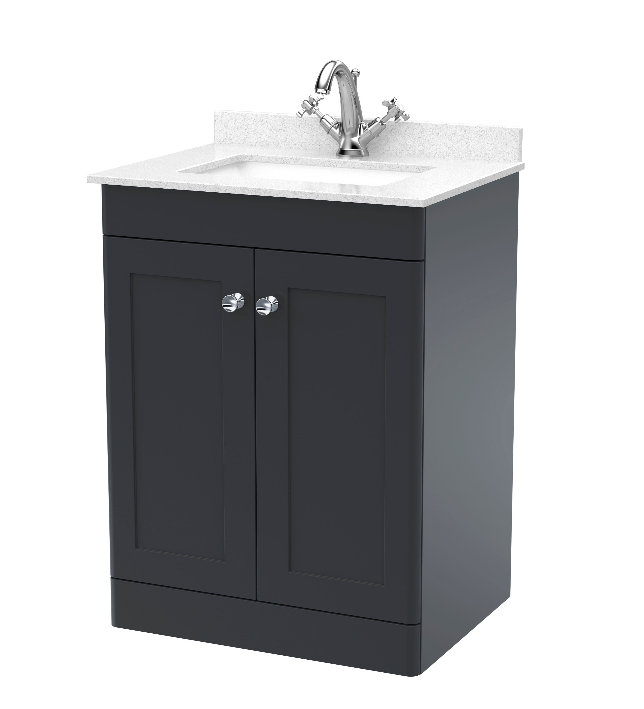 nuie Classique 600mm Soft Black 2 Door Floor Standing Vanity Unit With 1 Tap Hole Marble Basin