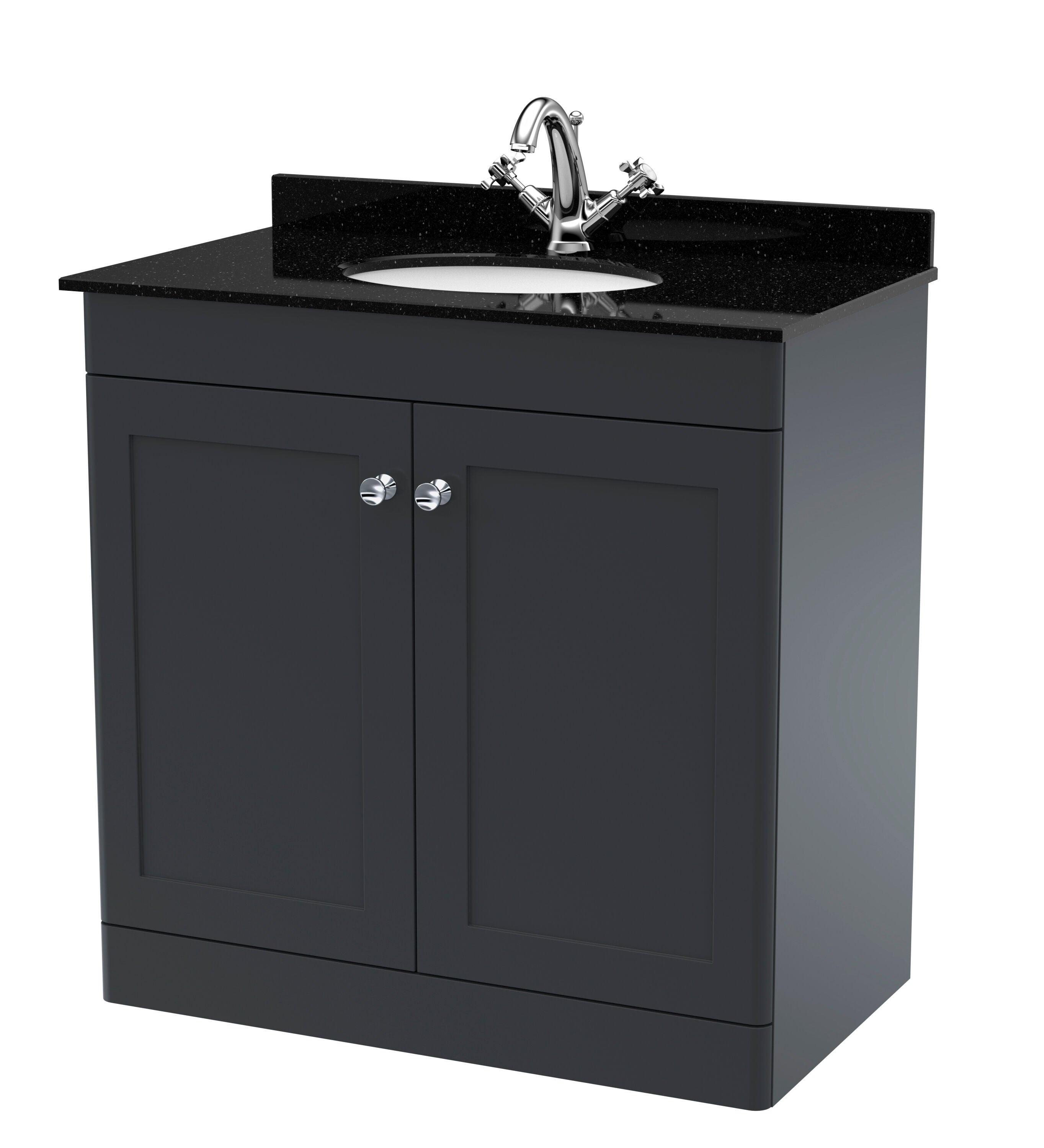 nuie Classique 800mm Soft Black 2 Door Floor Standing Vanity Unit With 1 Tap Hole Marble Basin