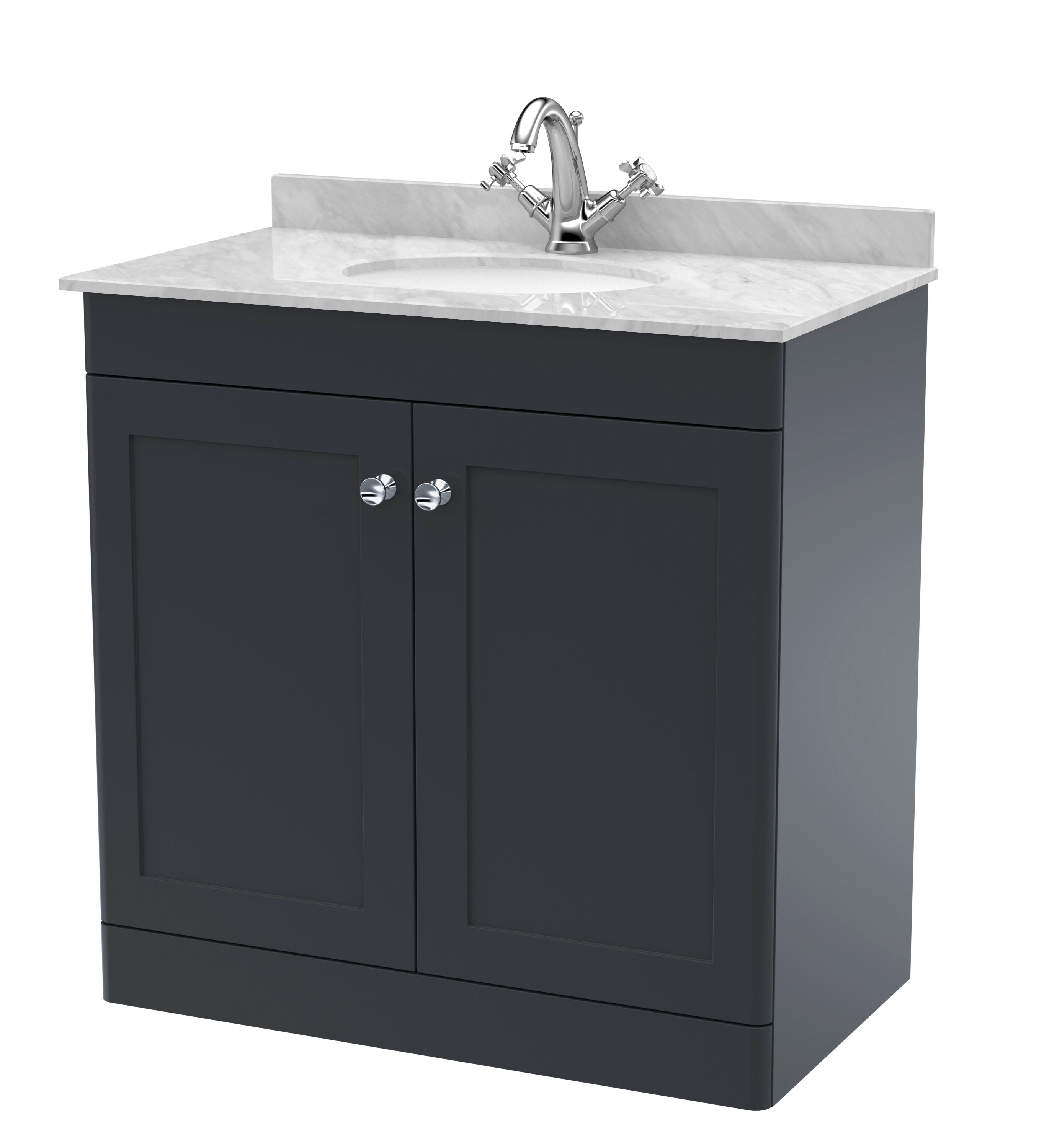 nuie Classique 800mm Soft Black 2 Door Floor Standing Vanity Unit With 1 Tap Hole Marble Basin