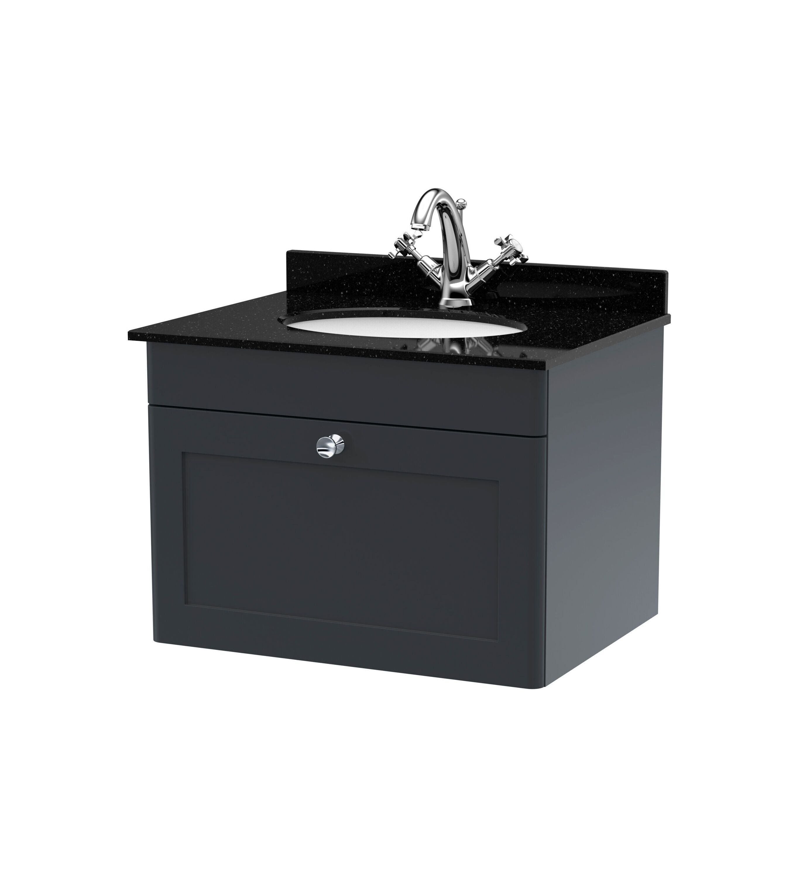 nuie Classique 600mm Soft Black 1 Drawer Wall Hung Vanity Unit With 1 Tap Hole Marble Basin