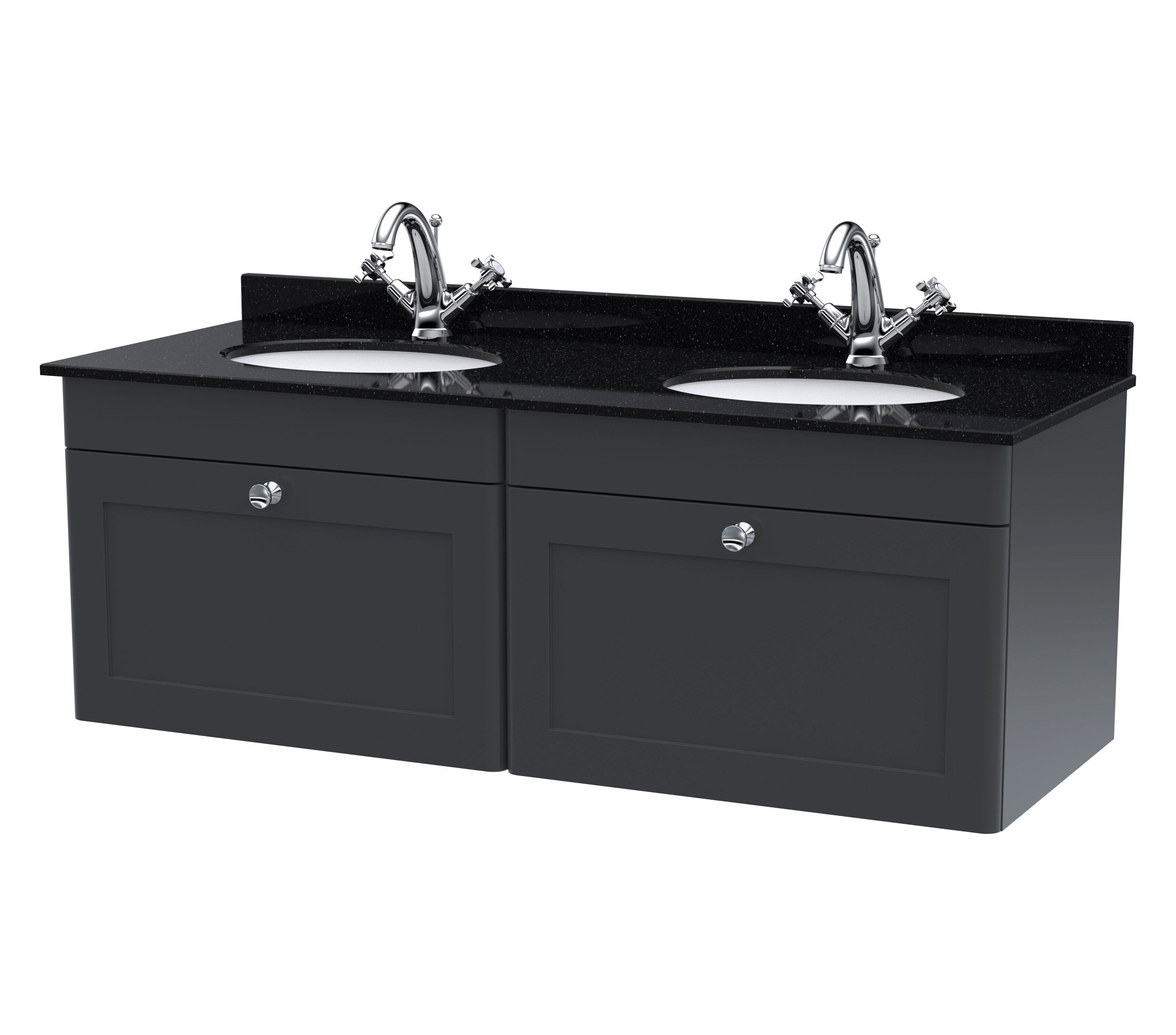 nuie Classique 1200mm Soft Black 2 Drawer Wall Hung Vanity Unit With 2 Tap Hole Marble Basin