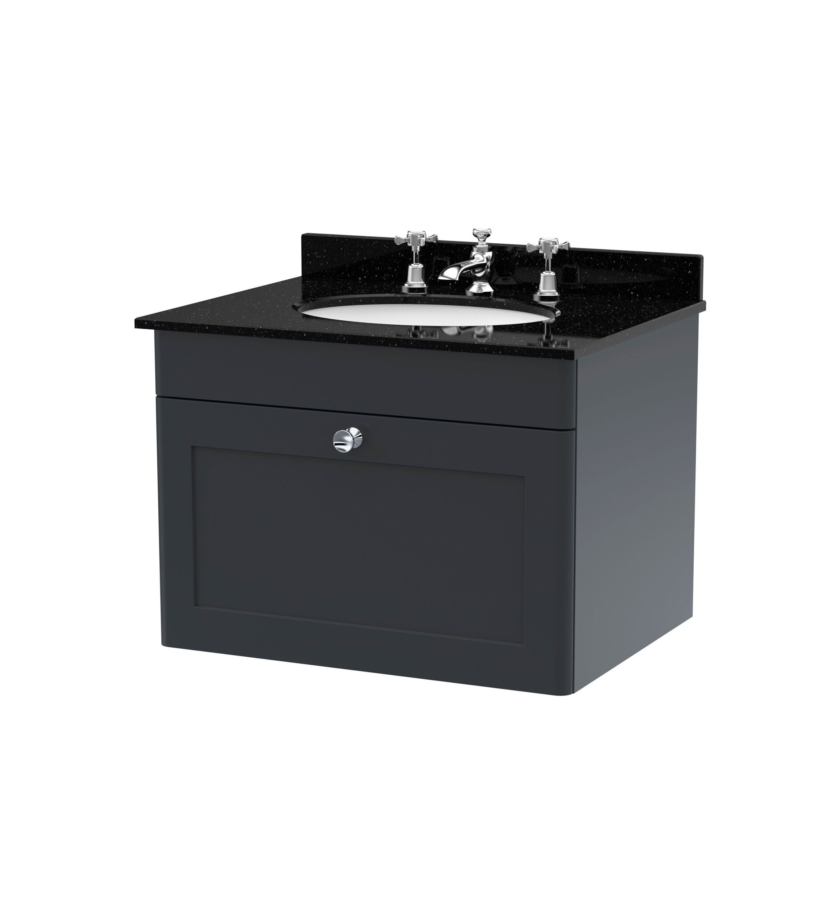 nuie Classique 600mm Soft Black 1 Drawer Wall Hung Vanity Unit With 3 Tap Hole Marble Basin