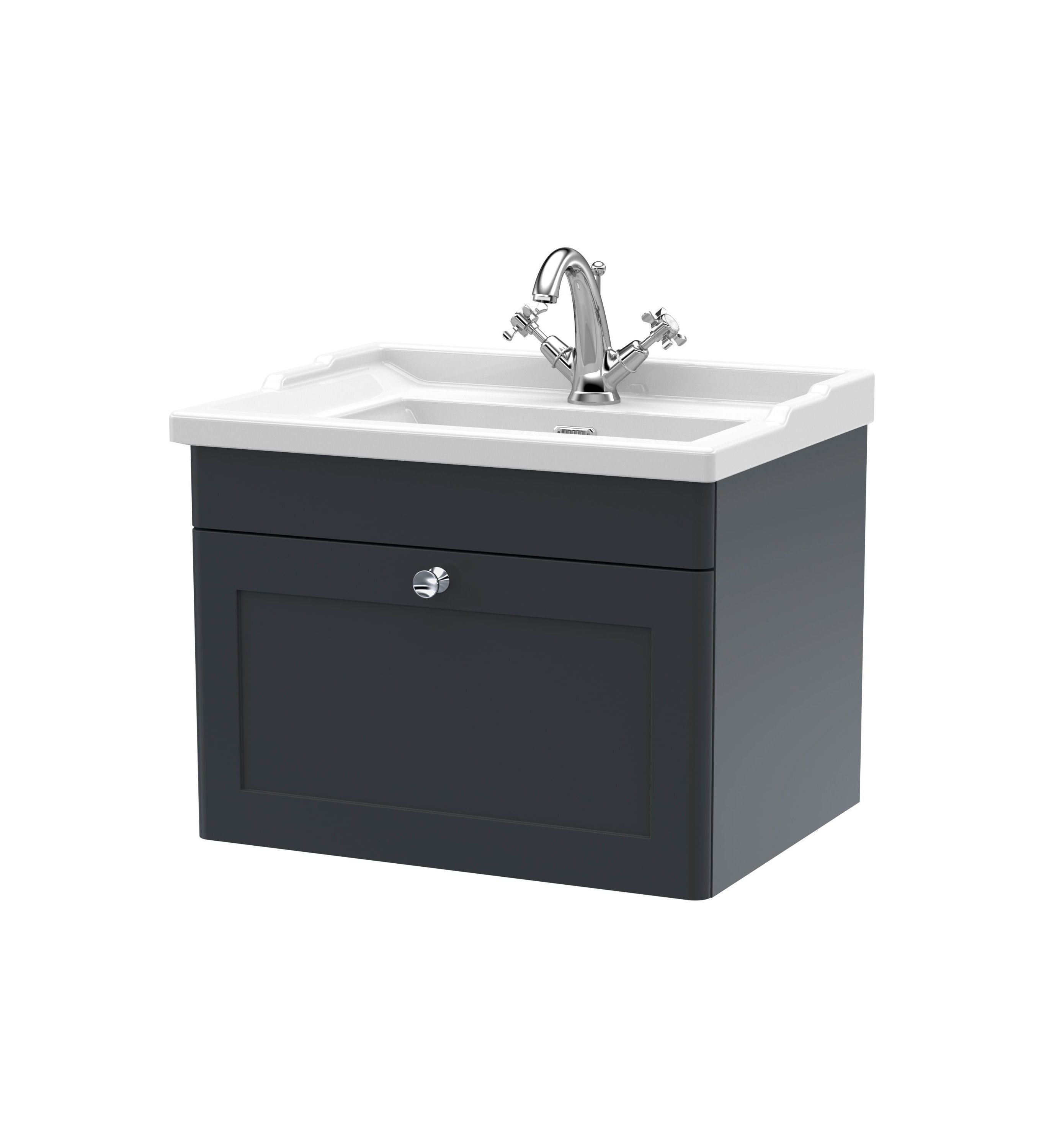 nuie Classique 600mm Soft Black 1 Drawer Wall Hung Vanity Unit With 1 Tap Hole Basin