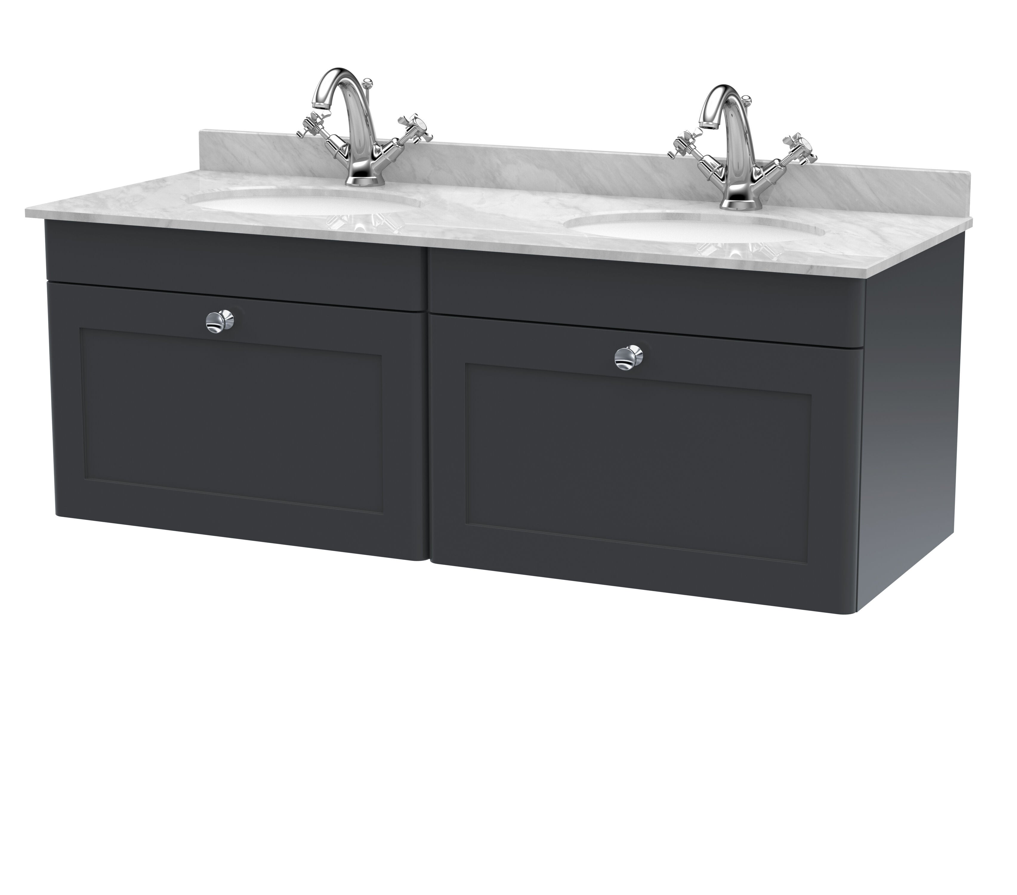 nuie Classique 1200mm Soft Black 2 Drawer Wall Hung Vanity Unit With 2 Tap Hole Marble Basin