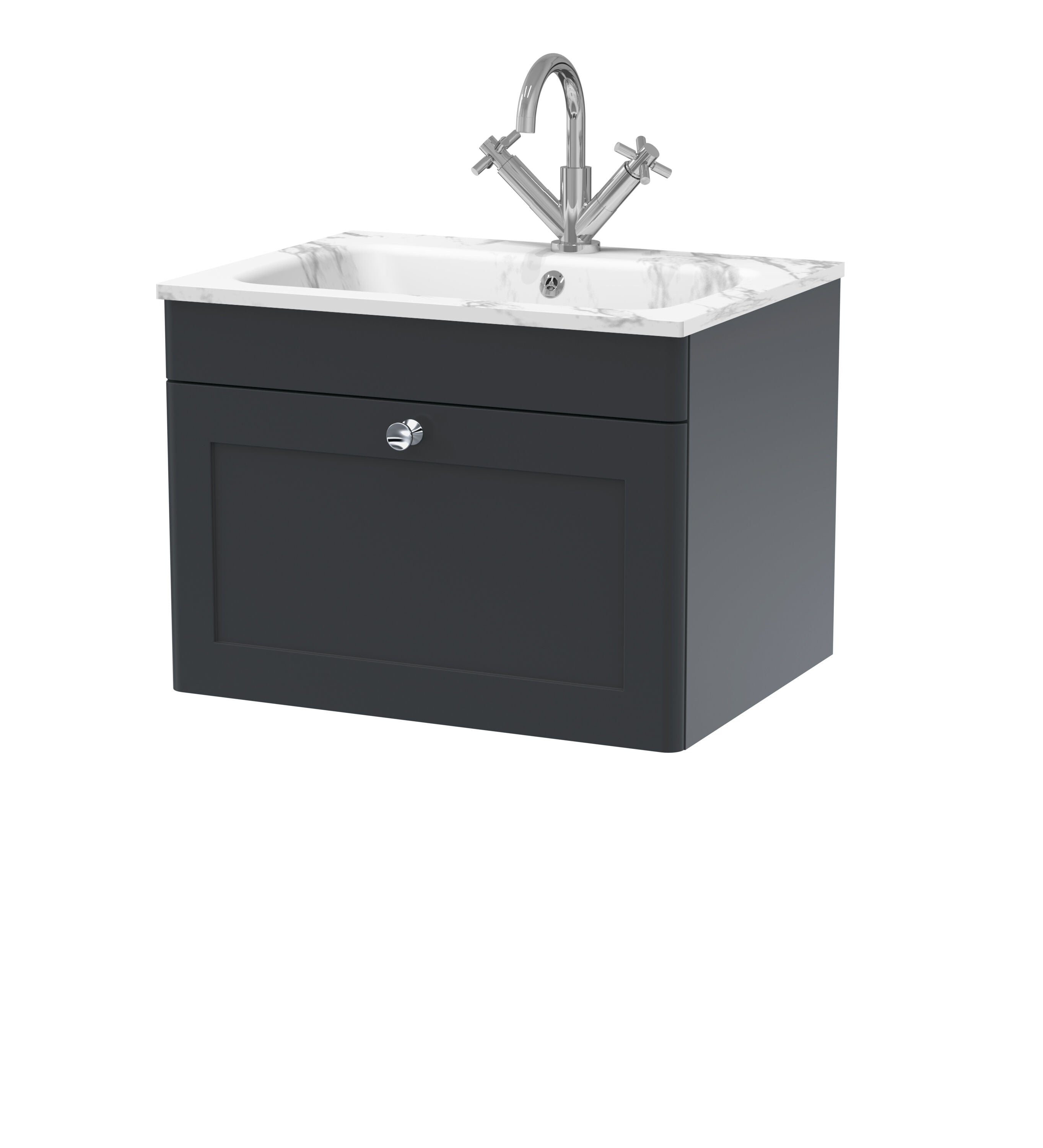 nuie Classique 600mm Soft Black 1 Drawer Wall Hung Vanity Unit With 1 Tap Hole Stone Basin