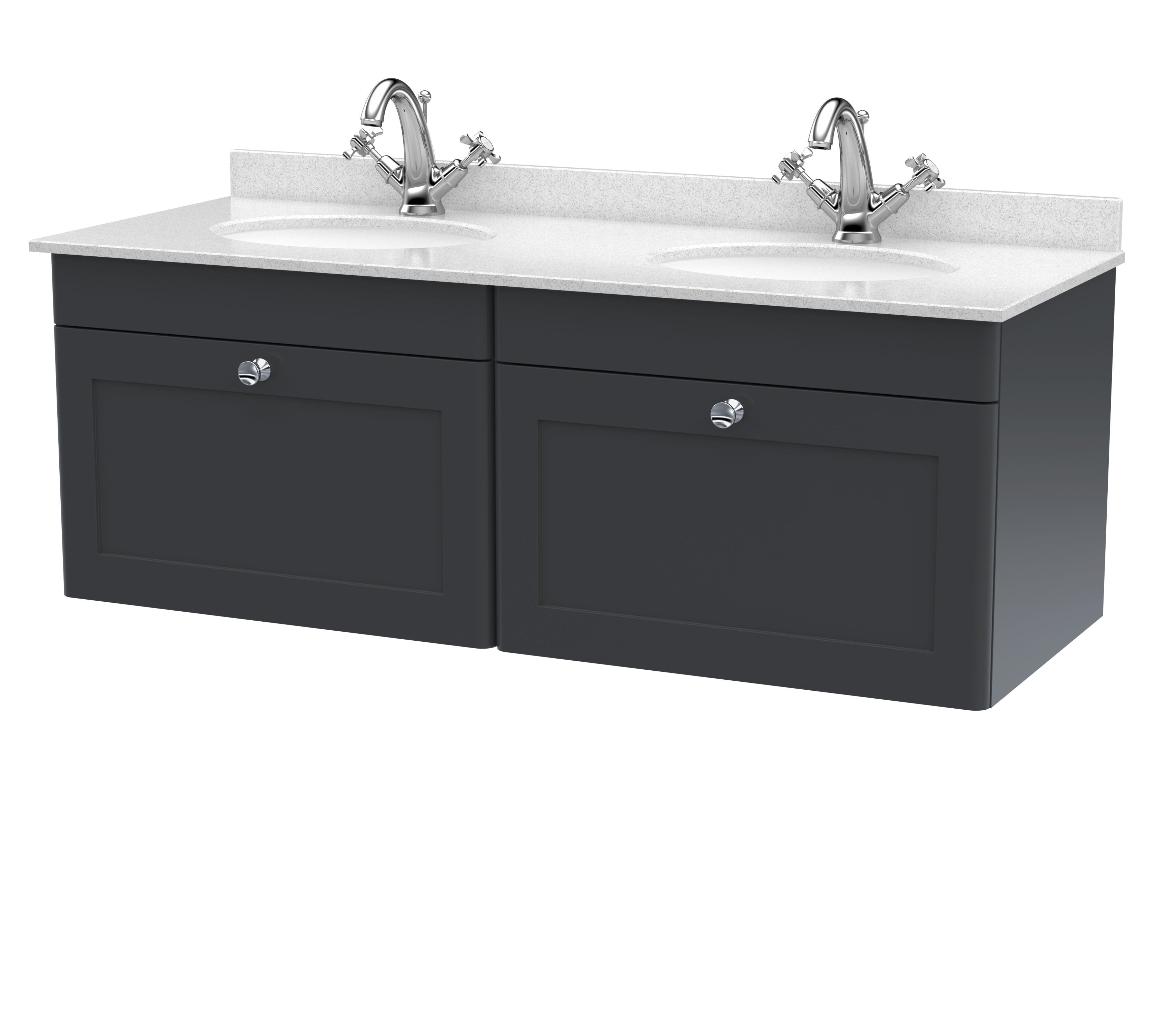 nuie Classique 1200mm Soft Black 2 Drawer Wall Hung Vanity Unit With 2 Tap Hole Marble Basin