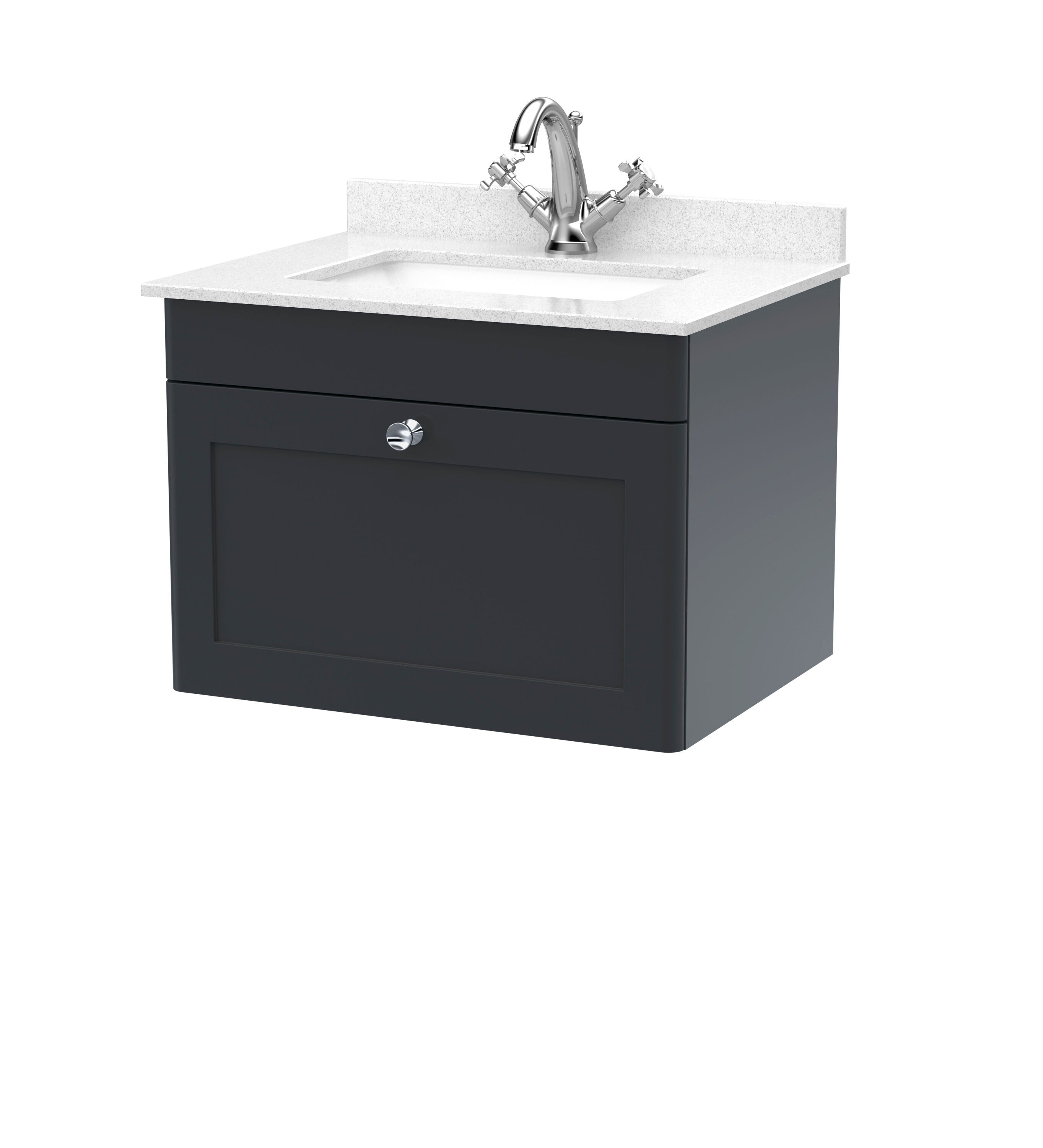nuie Classique 600mm Soft Black 1 Drawer Wall Hung Vanity Unit With 1 Tap Hole Marble Basin