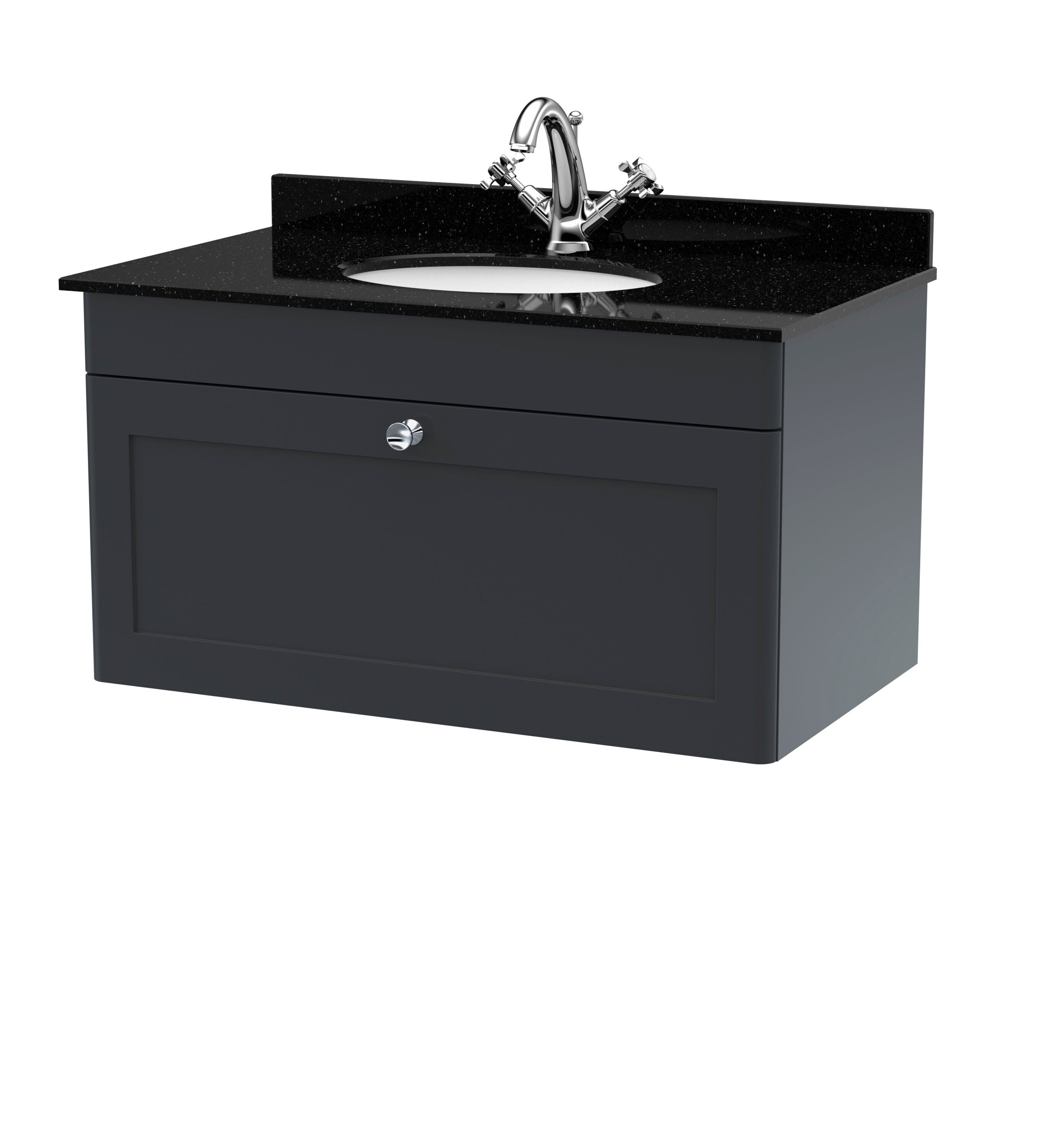 nuie Classique 800mm Soft Black 1 Drawer Wall Hung Vanity Unit With 1 Tap Hole Marble Basin