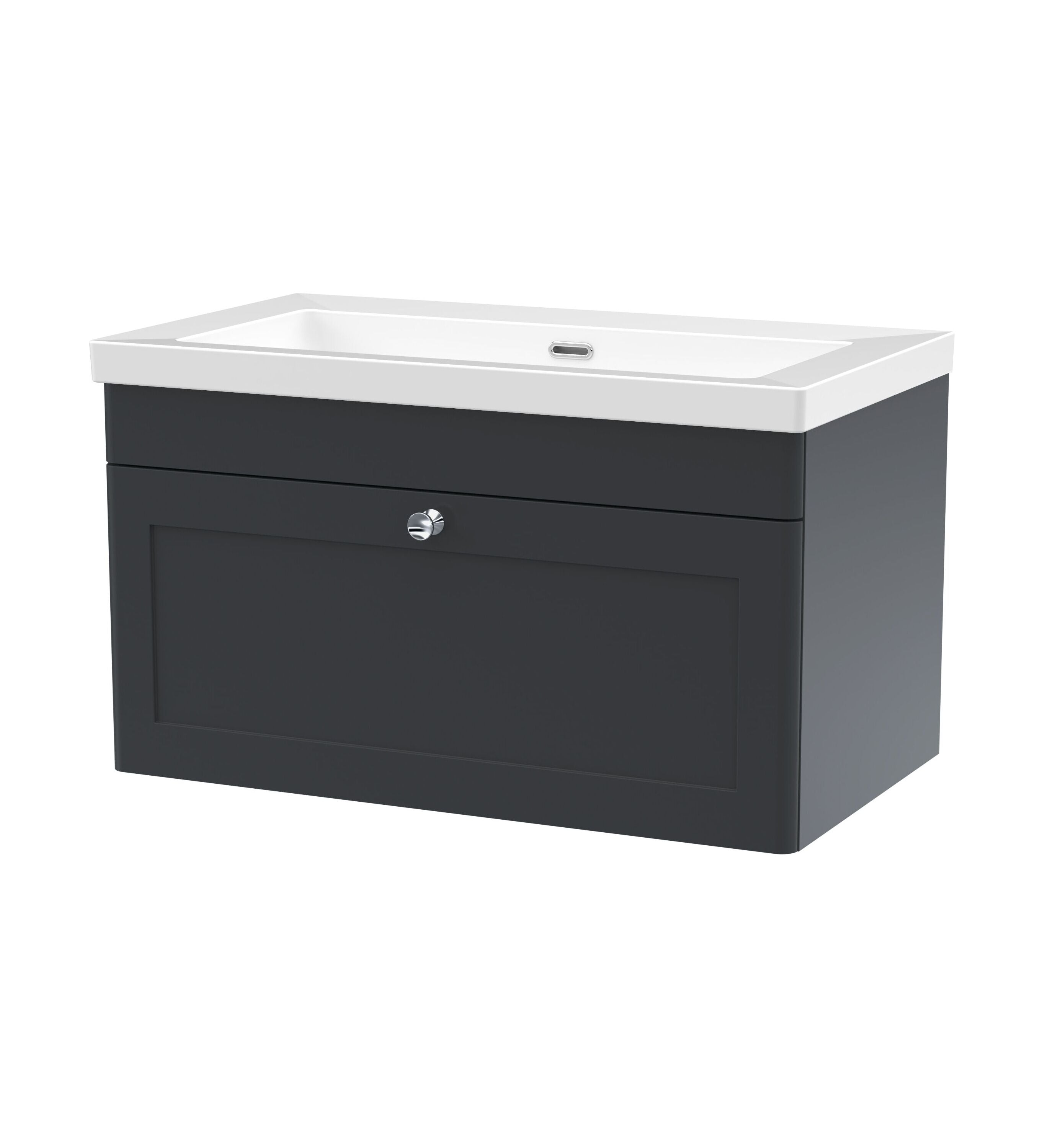nuie Classique 800mm Soft Black 1 Drawer Wall Hung Vanity Unit With Fireclay Basin