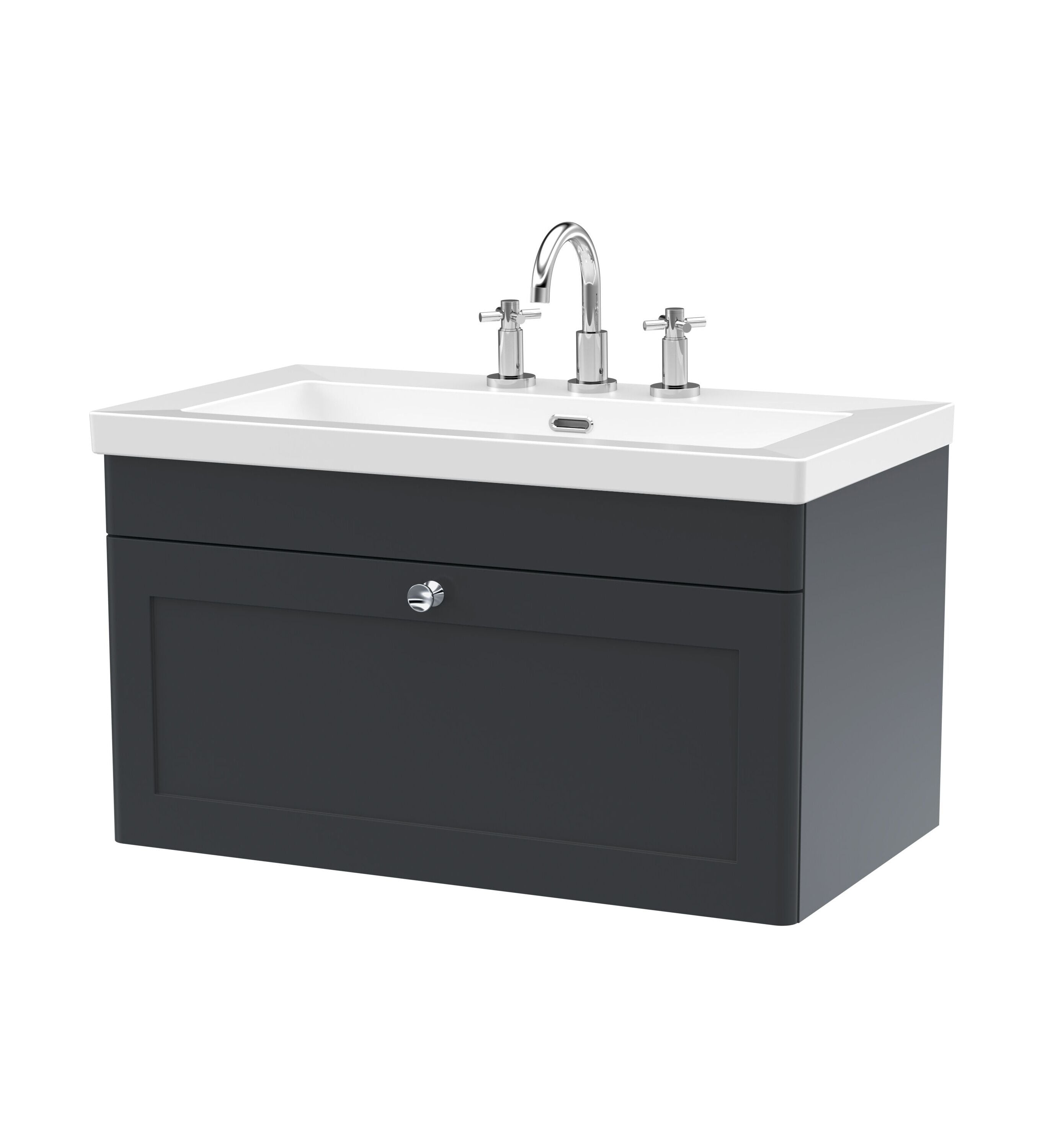 nuie Classique 800mm Soft Black 1 Drawer Wall Hung Vanity Unit With 3 Tap Hole Fireclay Basin