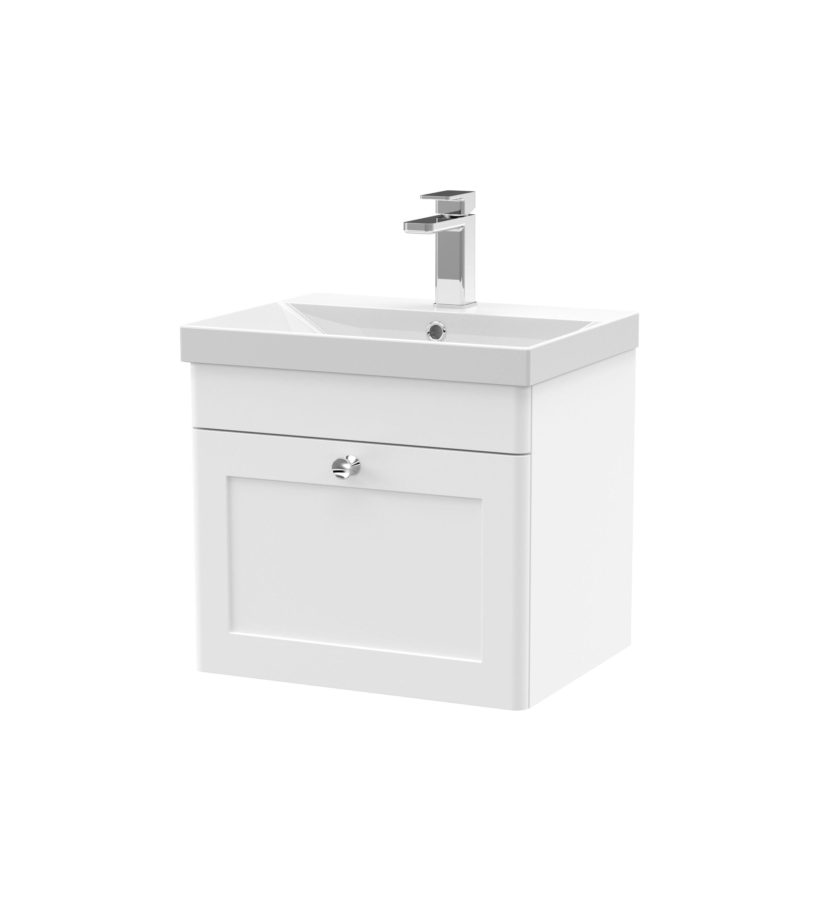 nuie Classique 500mm Satin White 1 Drawer Wall Hung Vanity Unit With Thin Edge Basin
