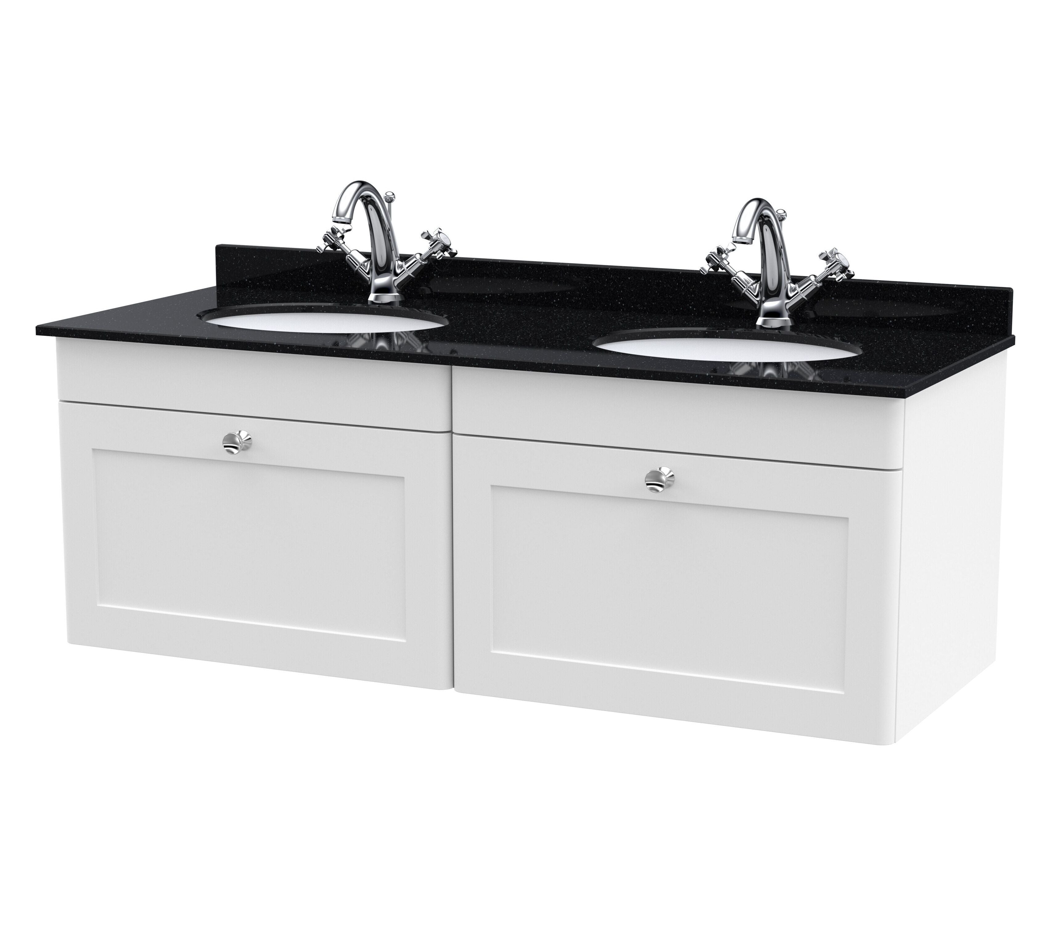 nuie Classique 1200mm Satin White 2 Drawer Wall Hung Vanity Unit With 2 Tap Hole Marble Basin