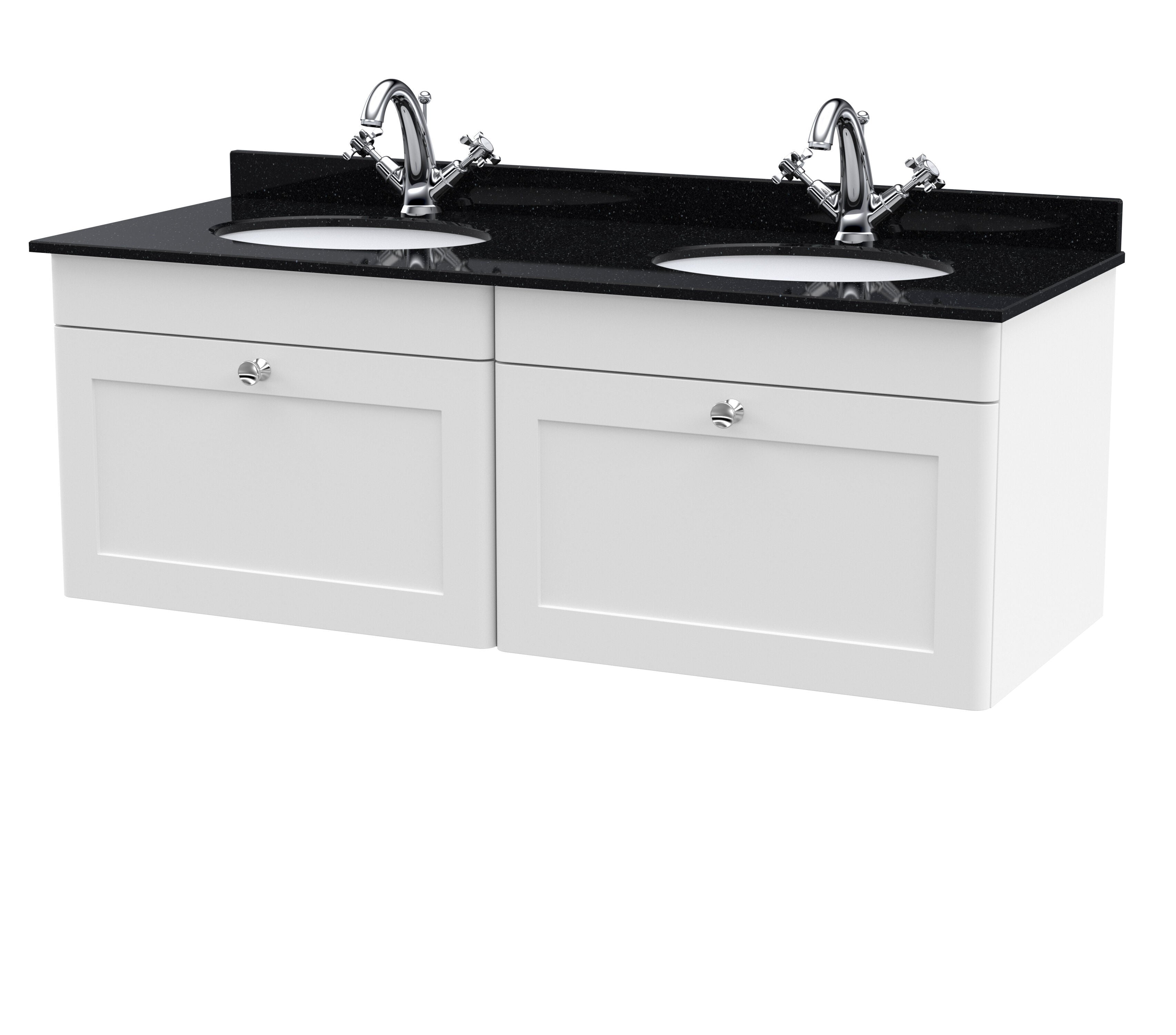 nuie Classique 1200mm Satin White 2 Drawer Wall Hung Vanity Unit With 2 Tap Hole Marble Basin