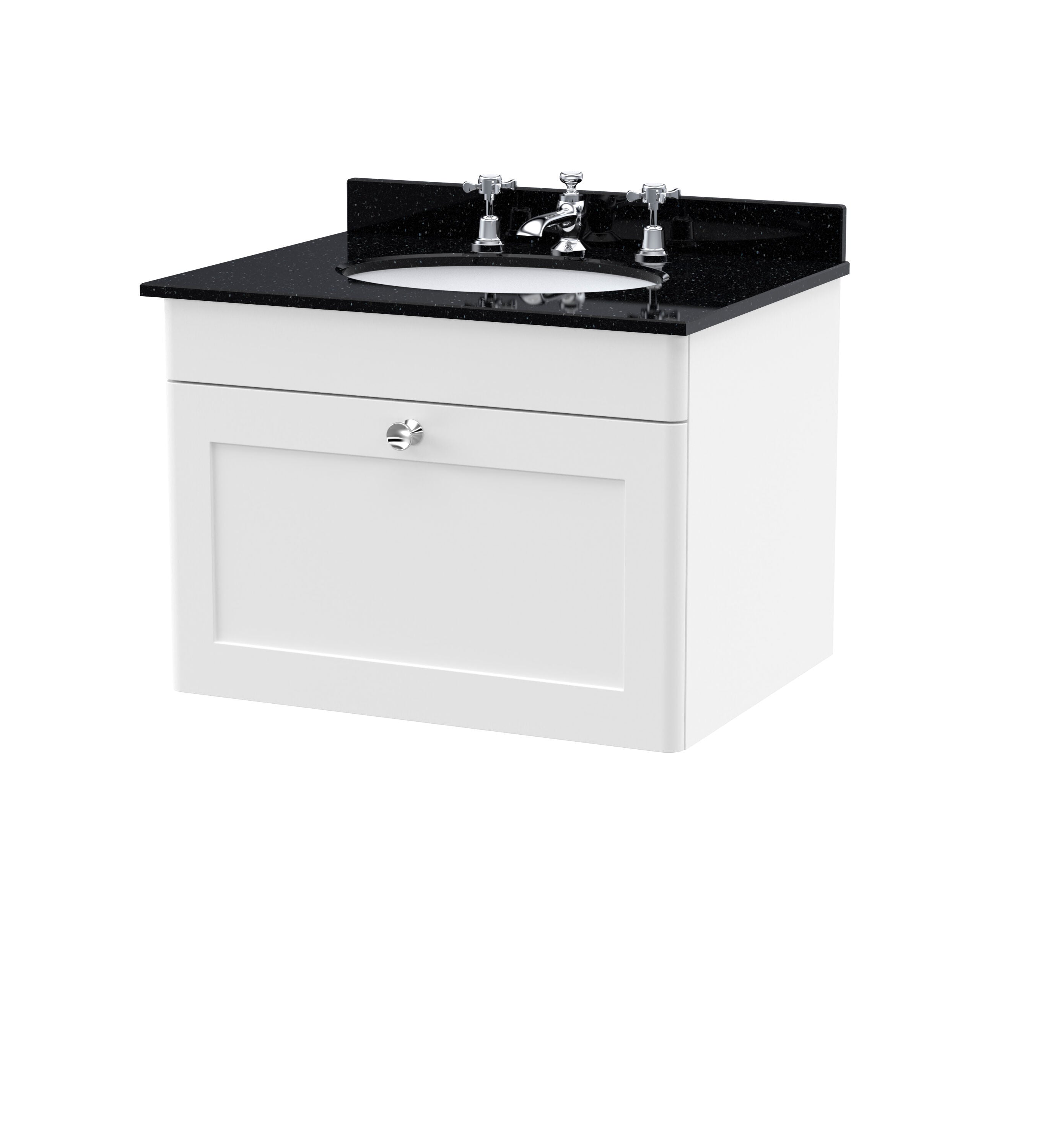 nuie Classique 600mm Satin White 1 Drawer Wall Hung Vanity Unit With 3 Tap Hole Marble Basin
