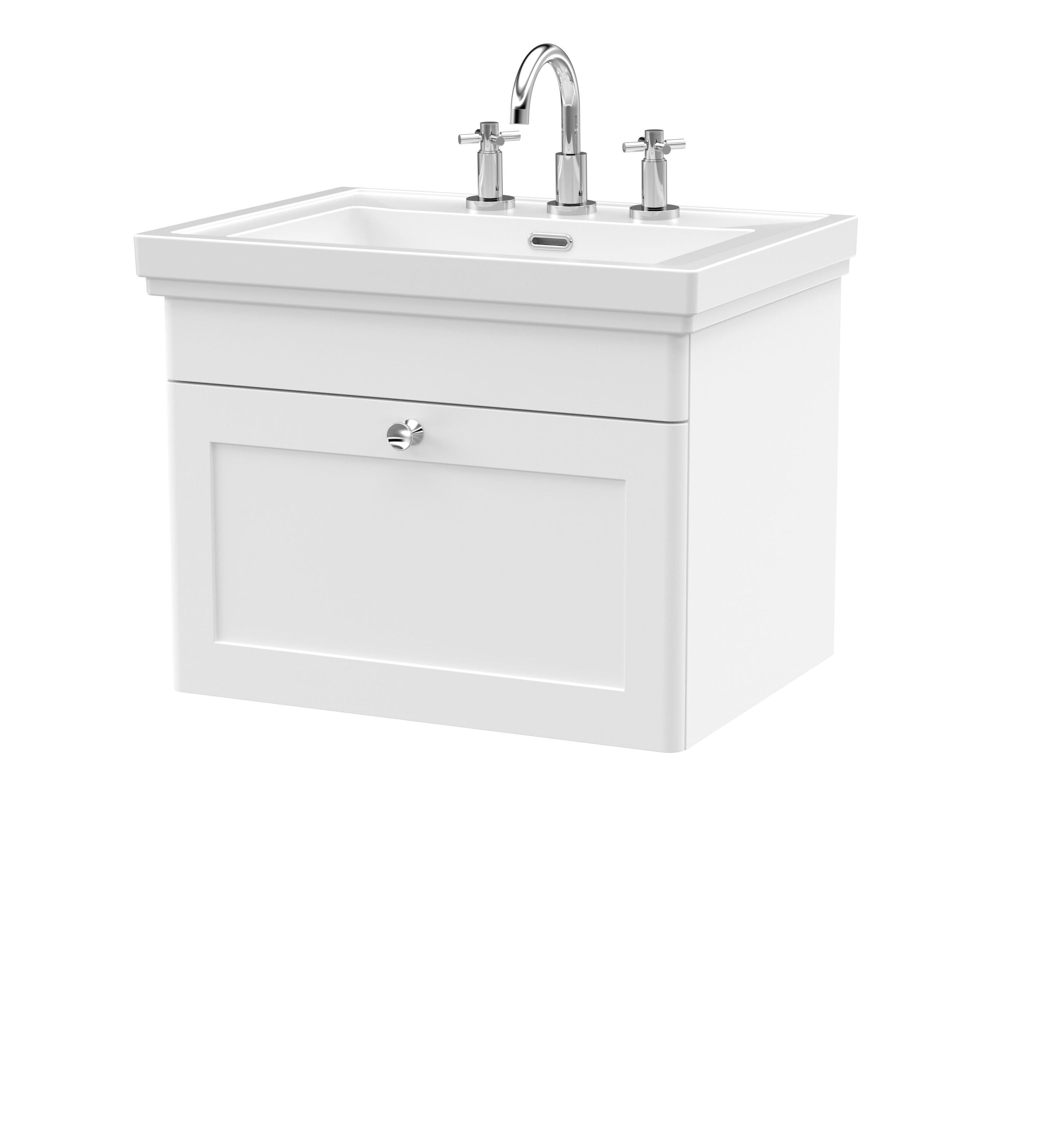 nuie Classique 600mm Satin White 1 Drawer Wall Hung Vanity Unit With 3 Tap Hole Basin