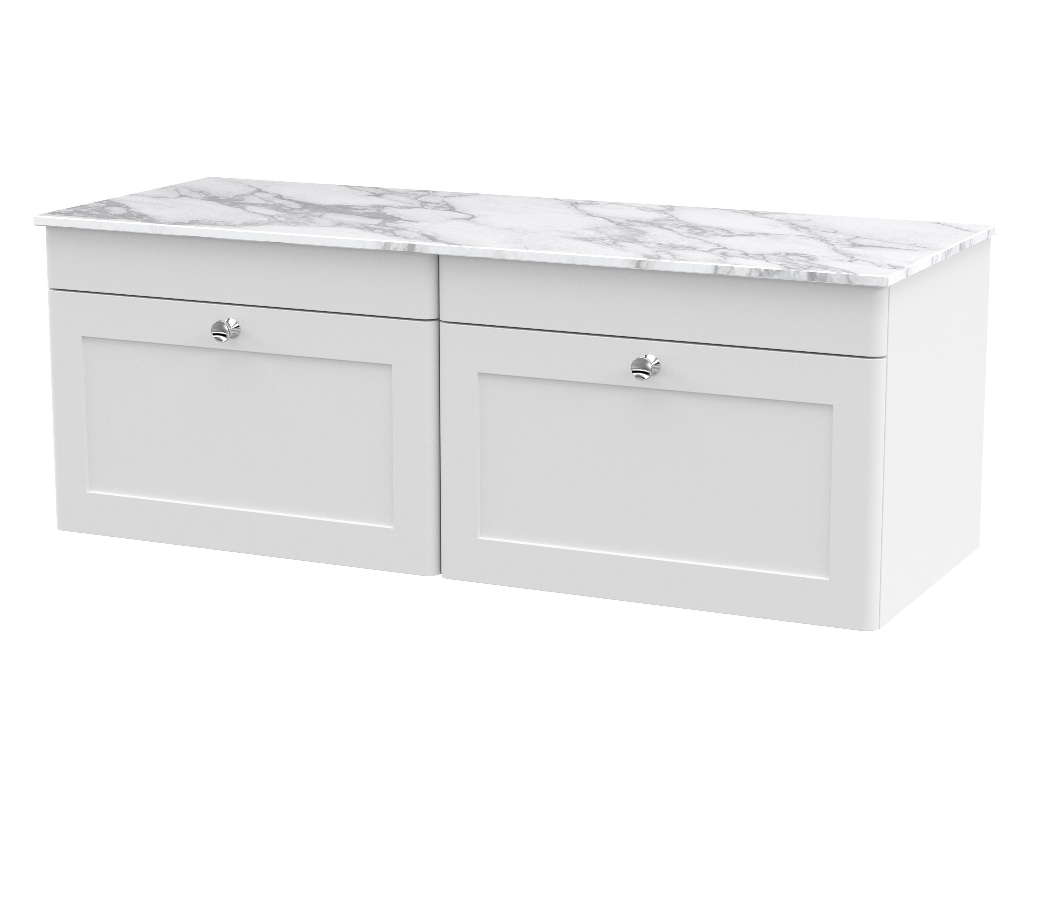 nuie Classique 1200mm Satin White 2 Drawer Wall Hung Vanity Unit With Carrara Marble Worktop
