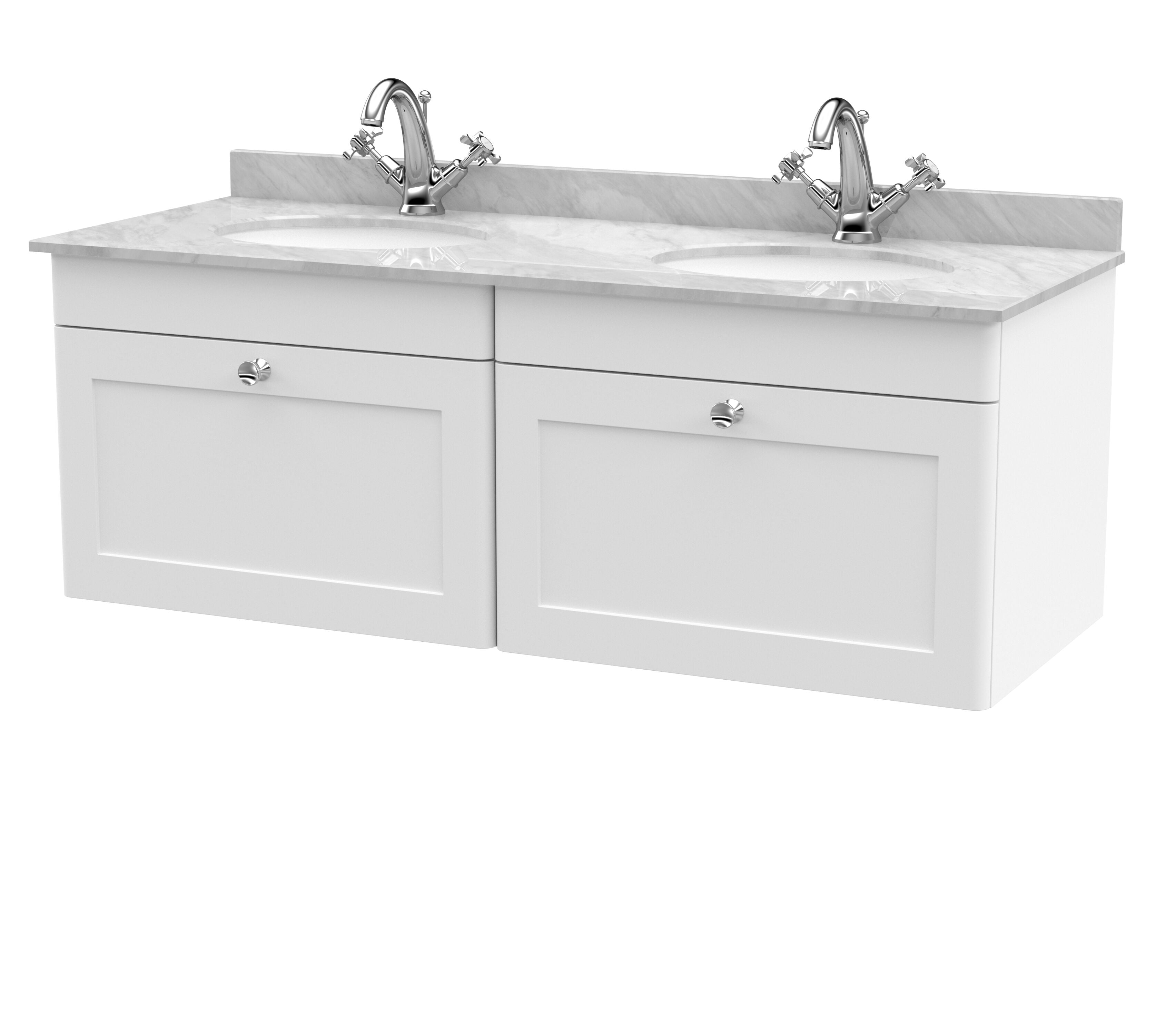 nuie Classique 1200mm Satin White 2 Drawer Wall Hung Vanity Unit With 2 Tap Hole Marble Basin