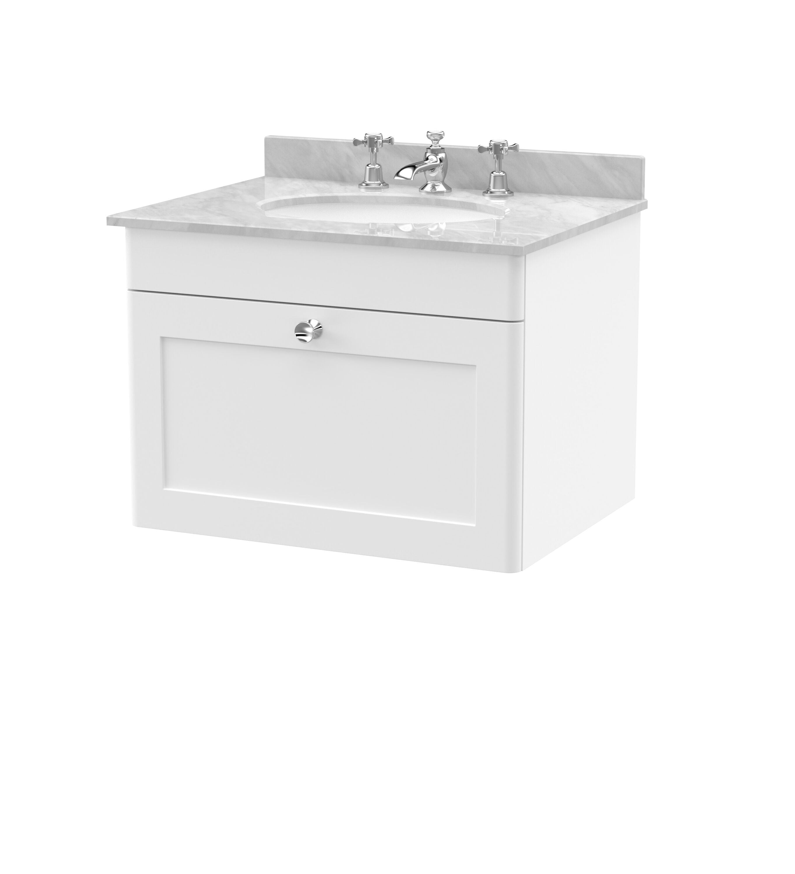 nuie Classique 600mm Satin White 1 Drawer Wall Hung Vanity Unit With 3 Tap Hole Marble Basin