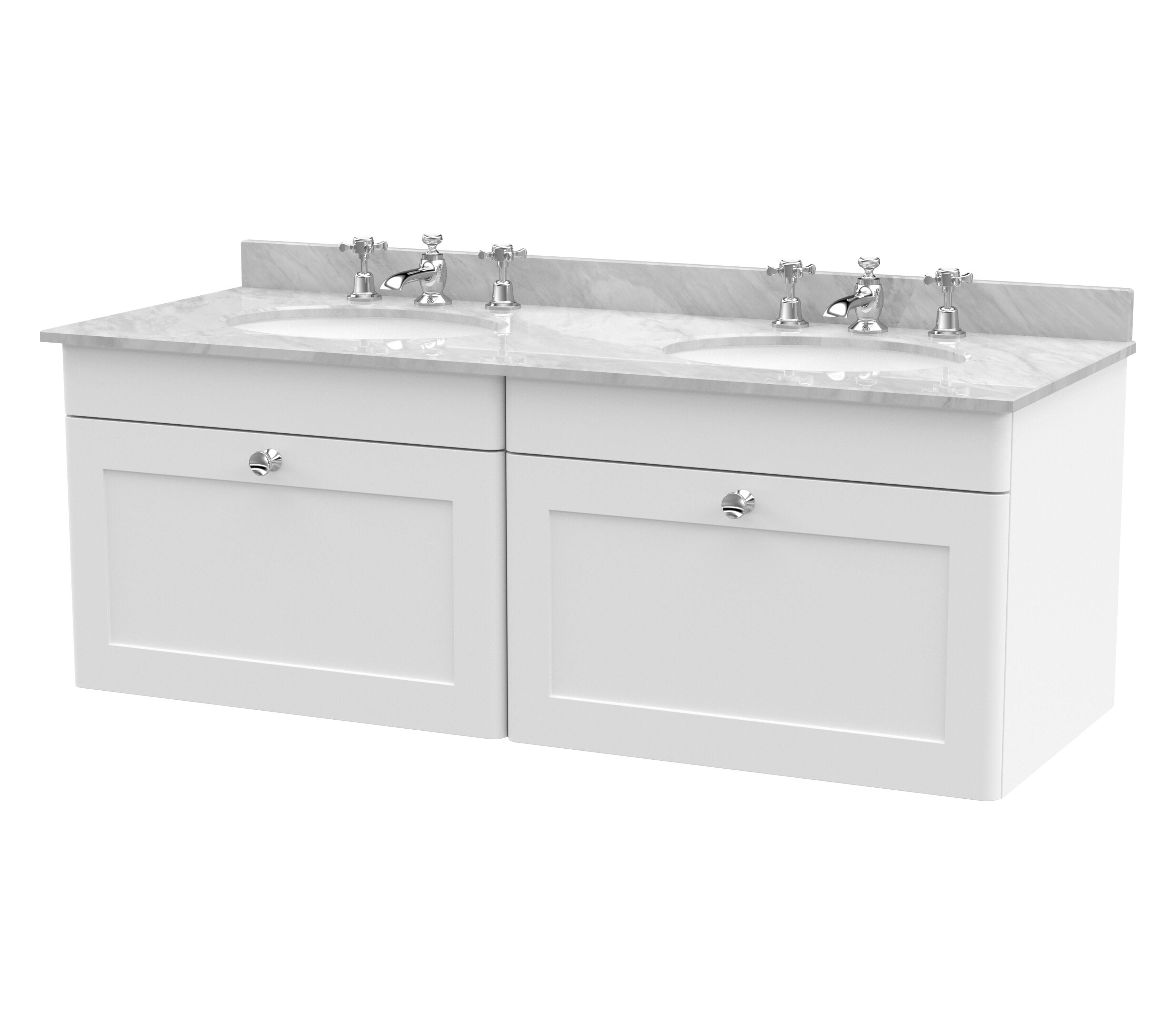 nuie Classique 1200mm Satin White 2 Drawer Wall Hung Vanity Unit With 6 Tap Hole Marble Basin