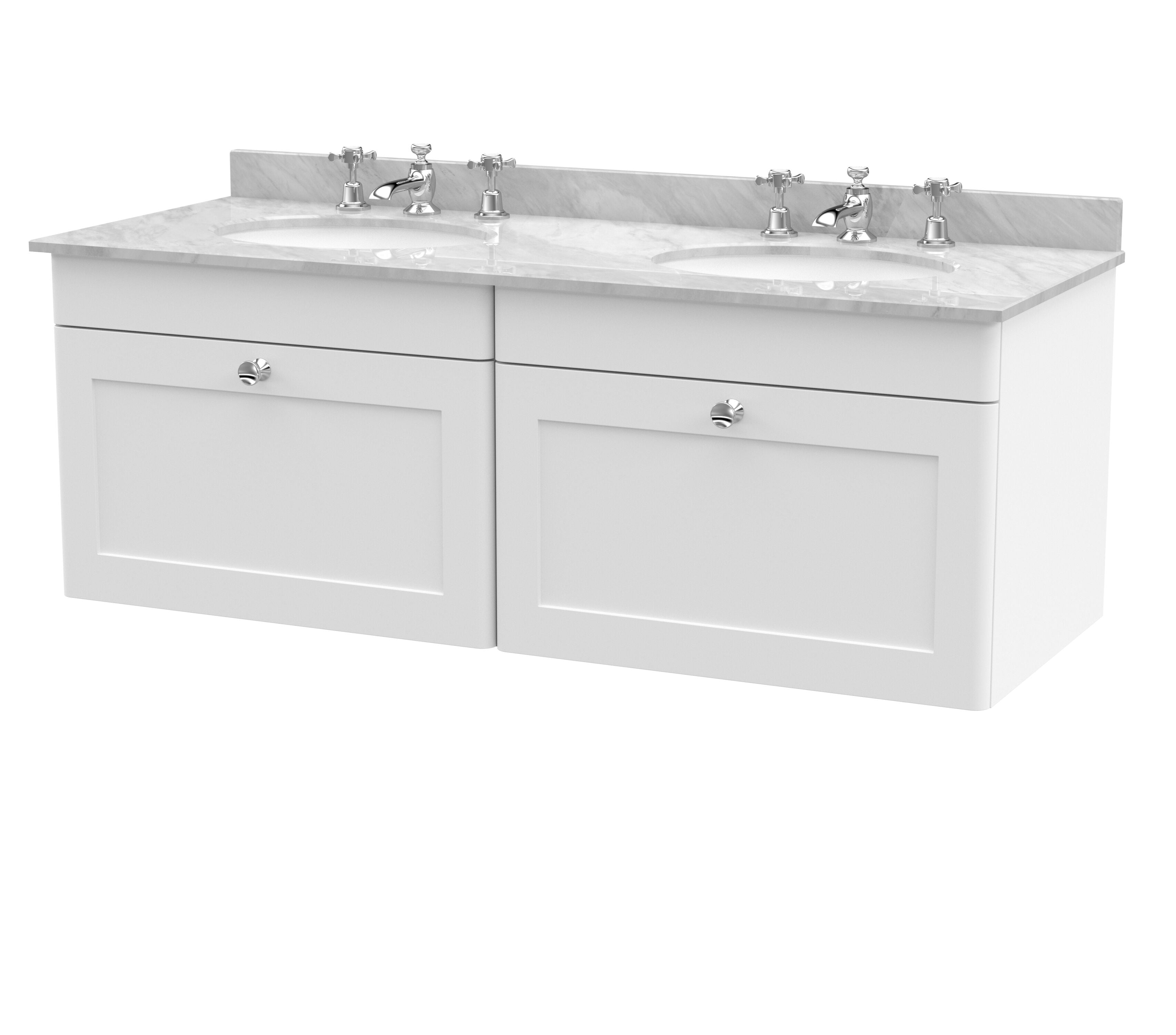 nuie Classique 1200mm Satin White 2 Drawer Wall Hung Vanity Unit With 6 Tap Hole Marble Basin