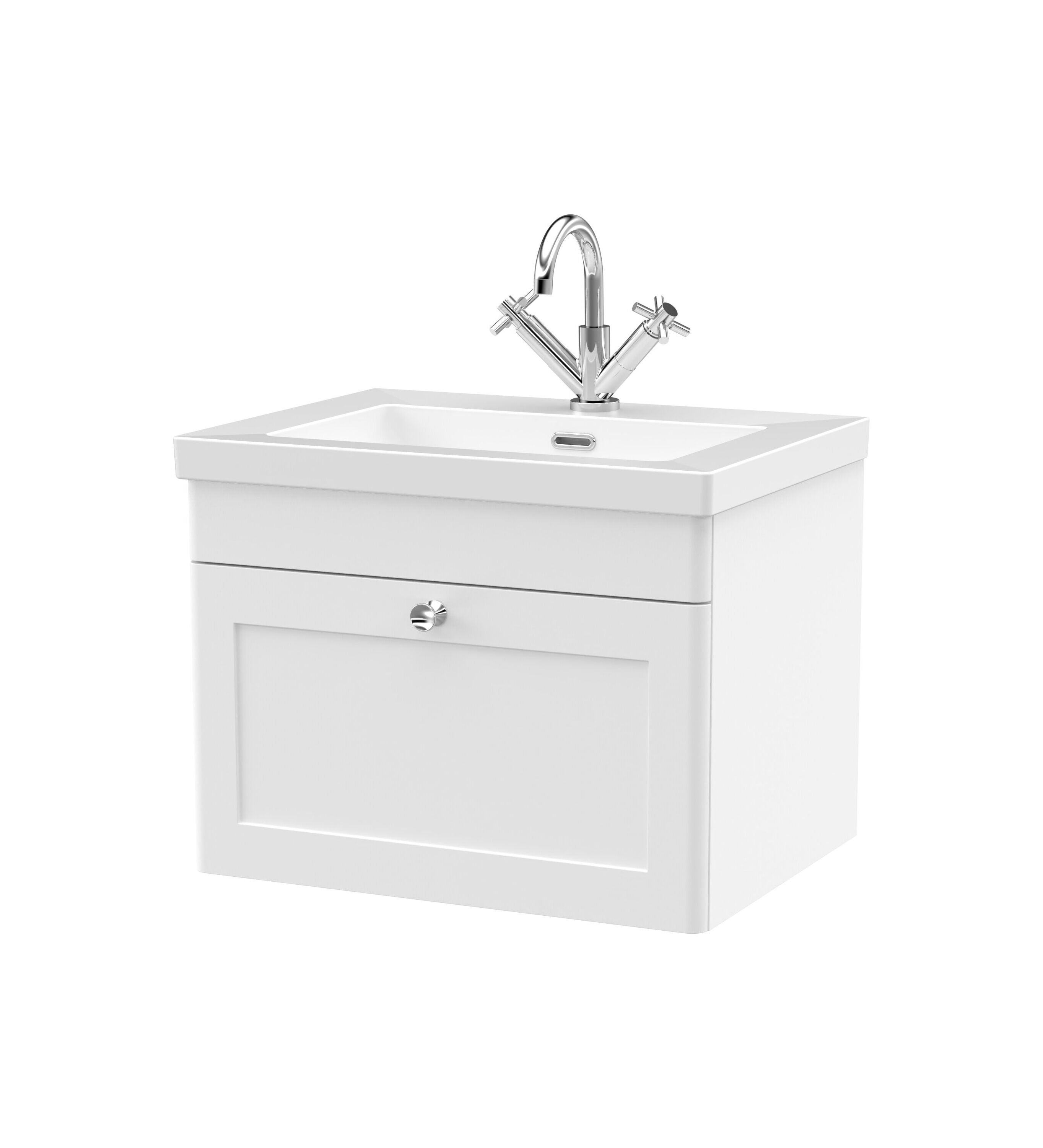 nuie Classique 600mm Satin White 1 Drawer Wall Hung Vanity Unit With 1 Tap Hole Fireclay Basin