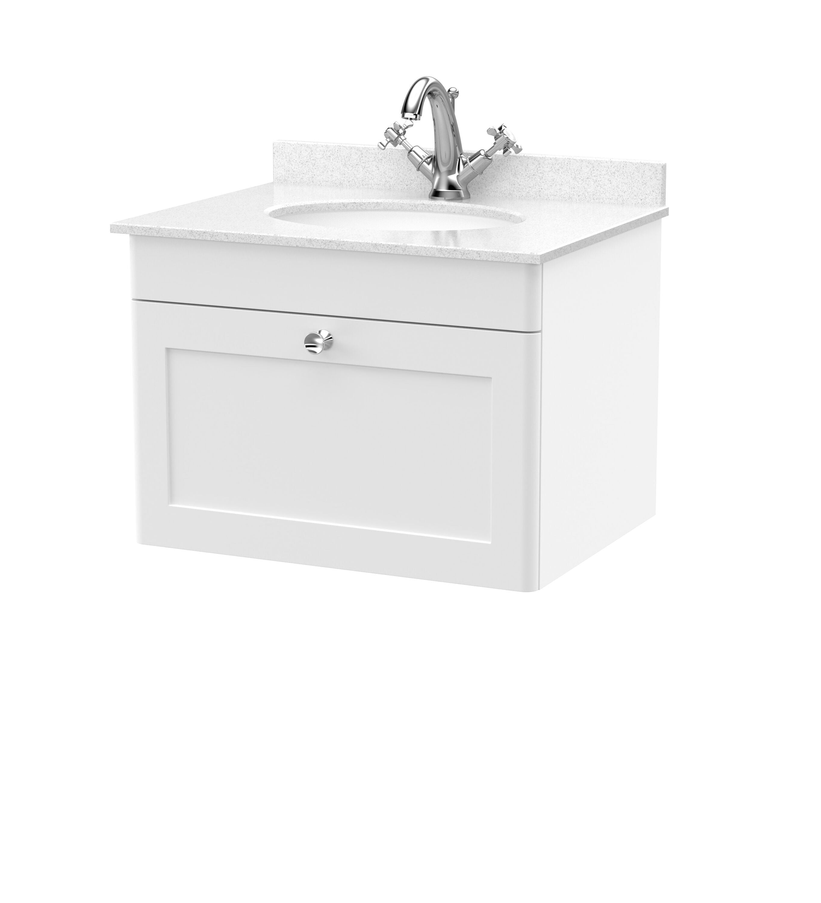 nuie Classique 600mm Satin White 1 Drawer Wall Hung Vanity Unit With 1 Tap Hole Marble Basin