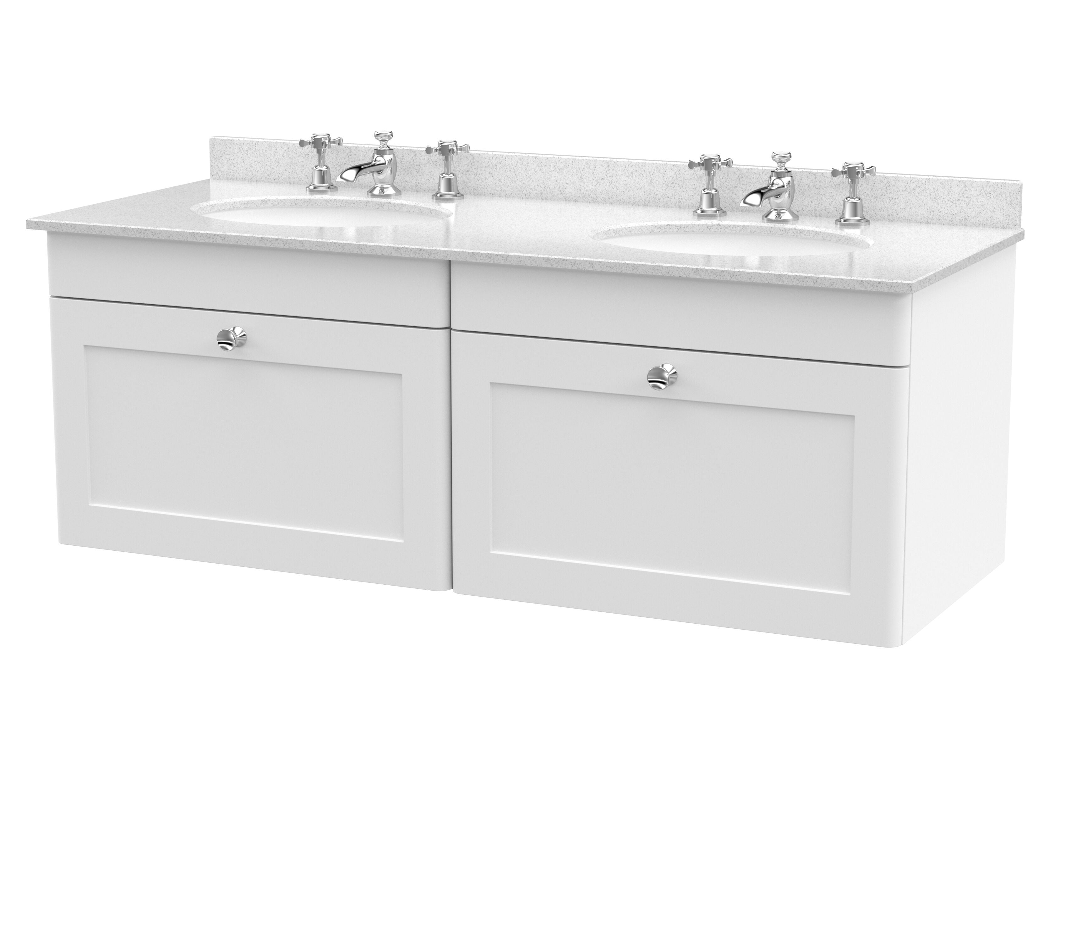 nuie Classique 1200mm Satin White 2 Drawer Wall Hung Vanity Unit With 6 Tap Hole Marble Basin