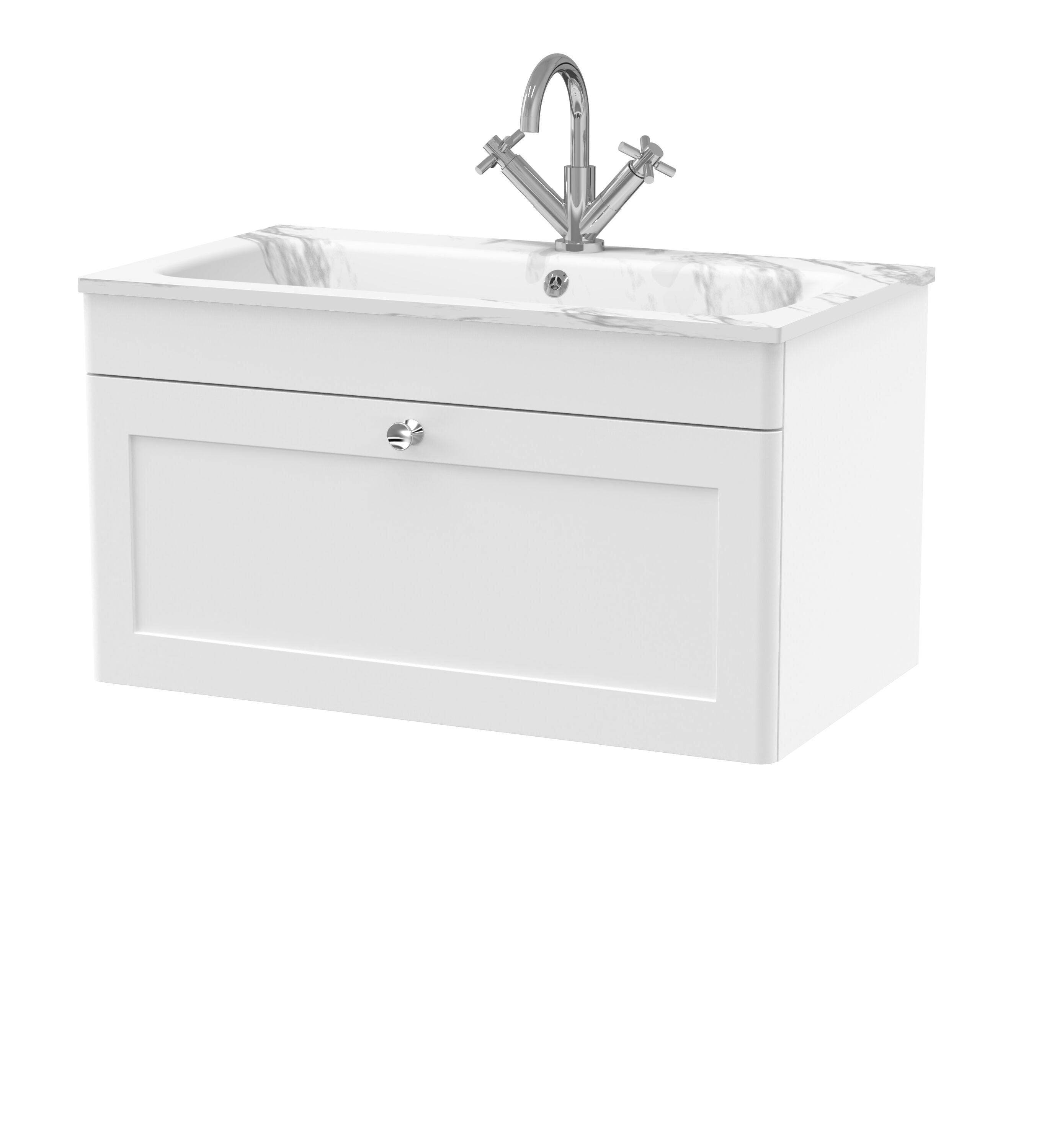 nuie Classique 800mm Satin White 1 Drawer Wall Hung Vanity Unit With 1 Tap Hole Stone Basin