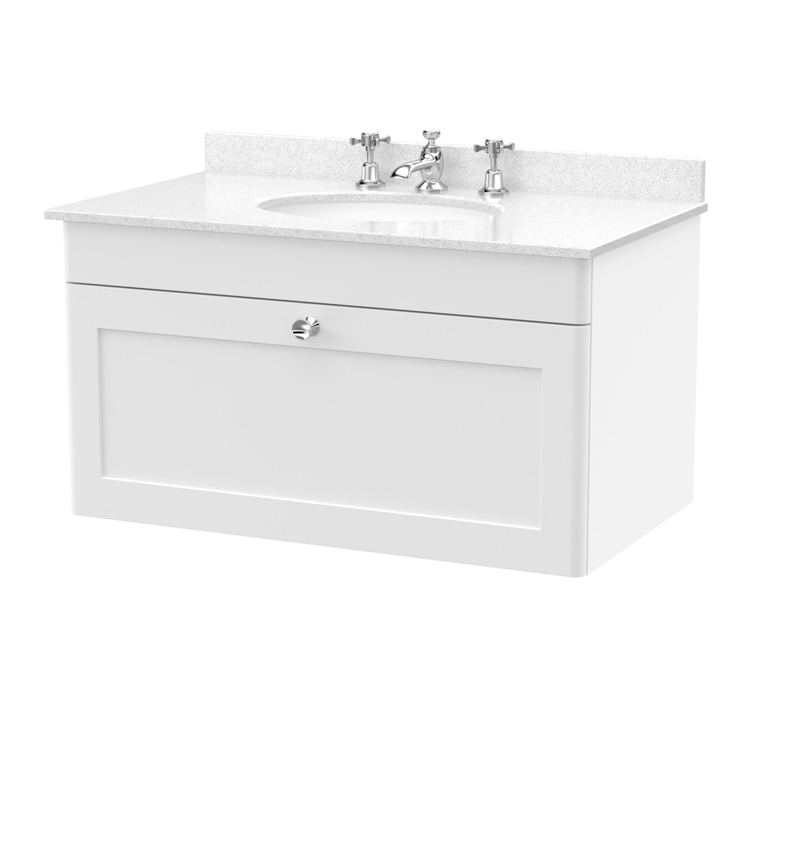 nuie Classique 800mm Satin White 1 Drawer Wall Hung Vanity Unit With 3 Tap Hole Marble Basin